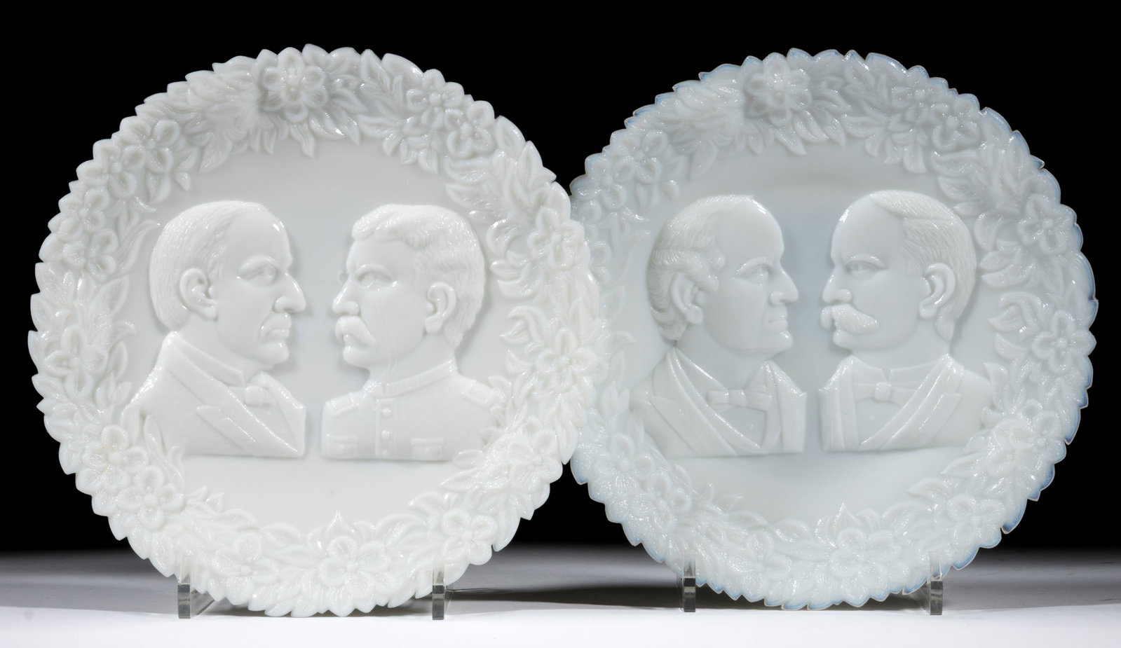 MCKINLEY - ROOSEVELT AND BRYAN - STEVENSON PLATES, LOT OF TWO: MCKINLEY - ROOSEVELT AND BRYAN - STEVENSON PLATES, LOT OF TWO, opaque white/milk glass, featuring each major party's presidential candidate in the United States election of 1900 facing their runni