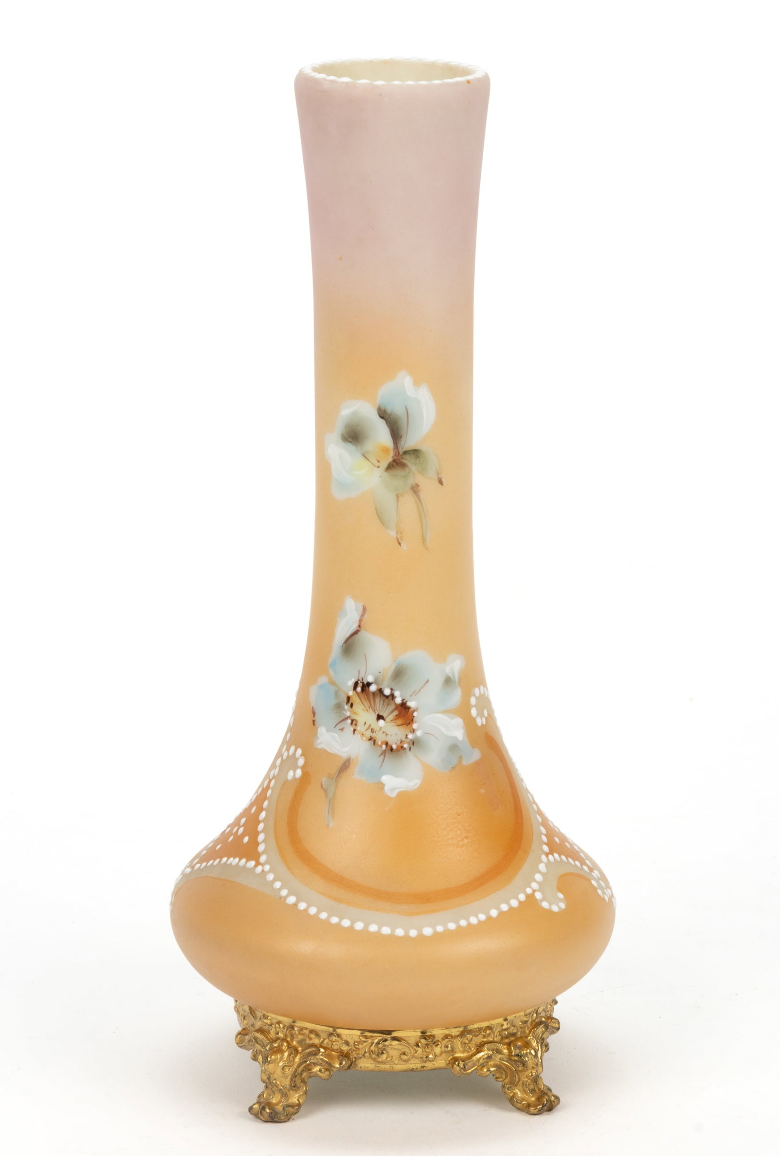 WAVE CREST NAKARA ENAMEL-DECORATED ART GLASS VASE: WAVE CREST NAKARA ENAMEL-DECORATED ART GLASS VASE, opaque white with orange to pink shaded ground with polychrome enamel floral decoration, and scroll work with raised white beaded accents, top of rim