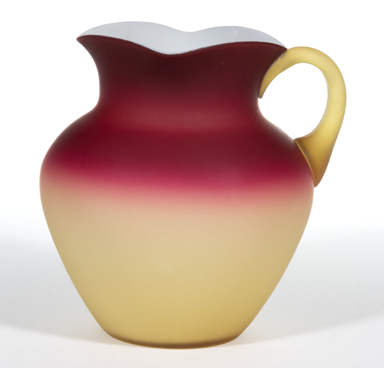 HOBBS CORAL (OMN)/ PEACH BLOW NO. 319 / NO. 1 JUG / PITCHER: HOBBS CORAL (OMN)/ PEACH BLOW NO. 319 / NO. 1 JUG / PITCHER, satin-finish, square rim, applied handle, and polished pontil mark. Hobbs, Brockunier & Co. Circa 1885. 5 1/2" H. Literature