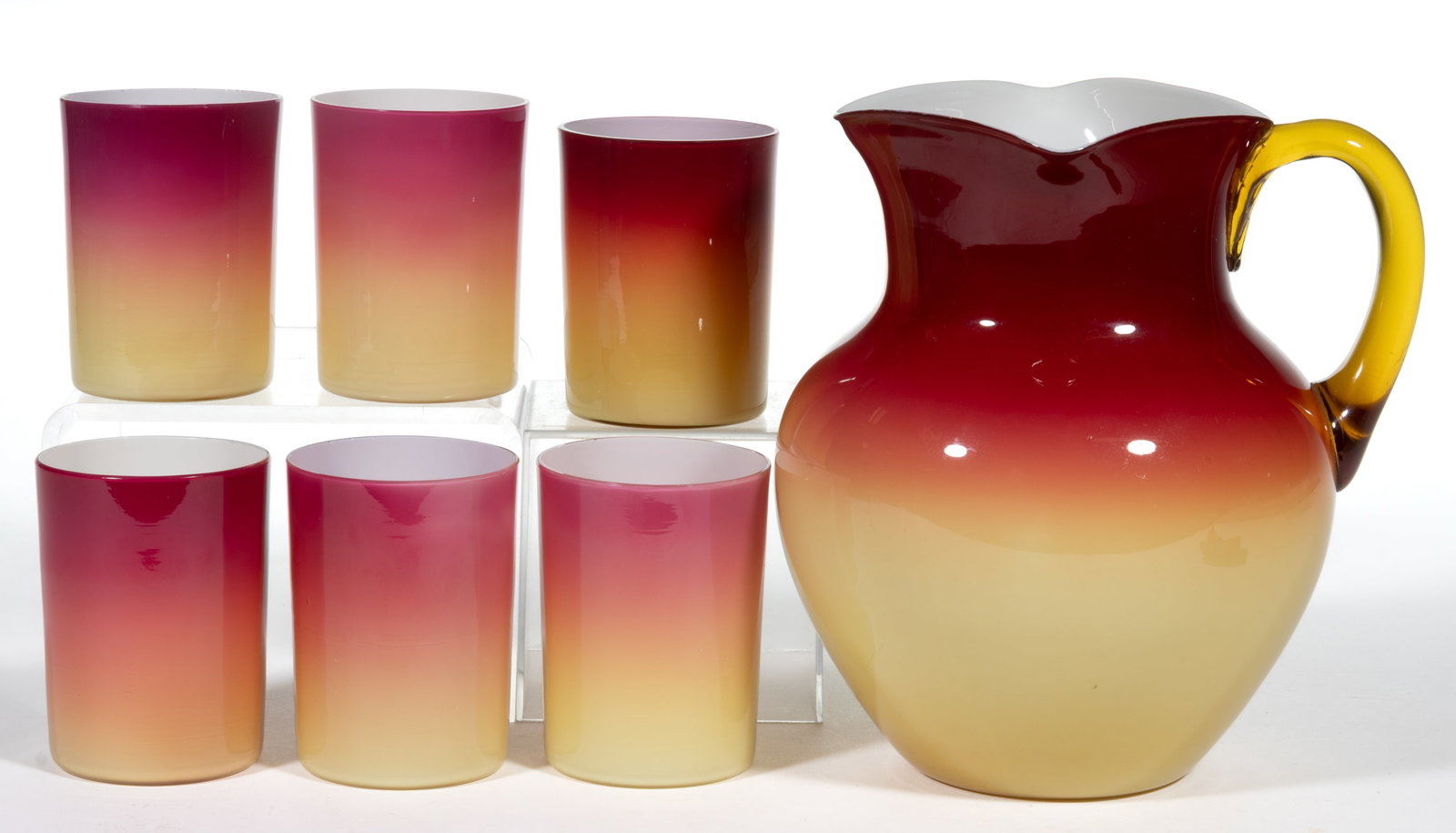 HOBBS CORAL (OMN) / PEACH BLOW SEVEN-PIECE WATER SET: HOBBS CORAL (OMN) / PEACH BLOW SEVEN-PIECE WATER SET, glossy, comprising a No. 319/No. 5 jug with six No. 236 tumblers, each with a polished pontil mark. Hobbs, Brockunier & Co. Circa 1885. 3