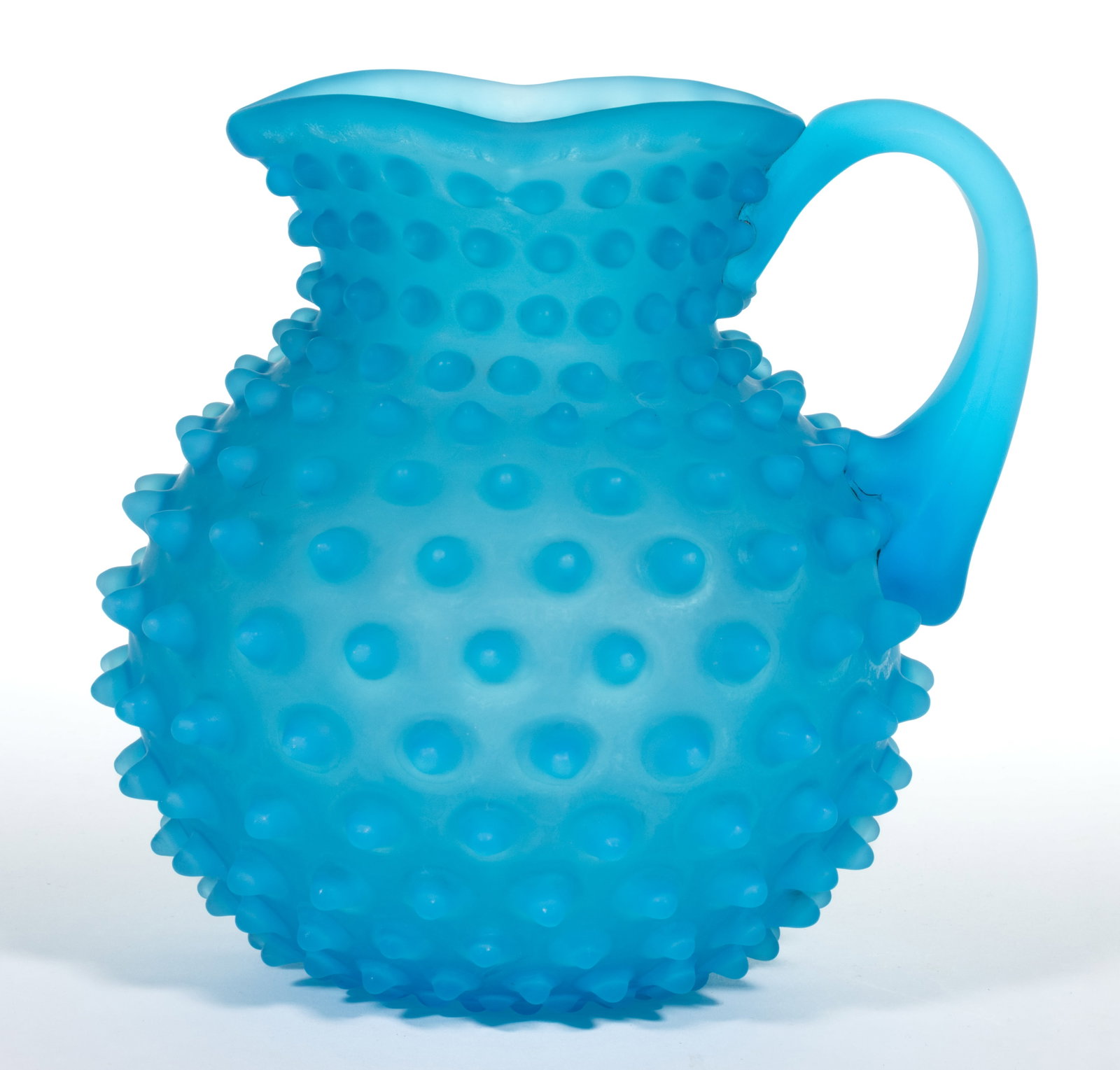 HOBBS NO. 323 DEW DROP / HOBNAIL NO. 4 JUG / PITCHER: HOBBS NO. 323 DEW DROP / HOBNAIL NO. 4 JUG / PITCHER, frosted sapphire, square rim with applied handle and polished pontil mark. Hobbs, Brockunier & Co. Pattern introduced in 1886. 7" H. Lite