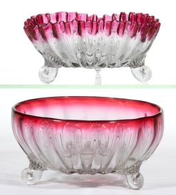 NORTHWOOD ATTRIBUTED SHELL AND RIBS FOOTED BOWLS, LOT OF TWO