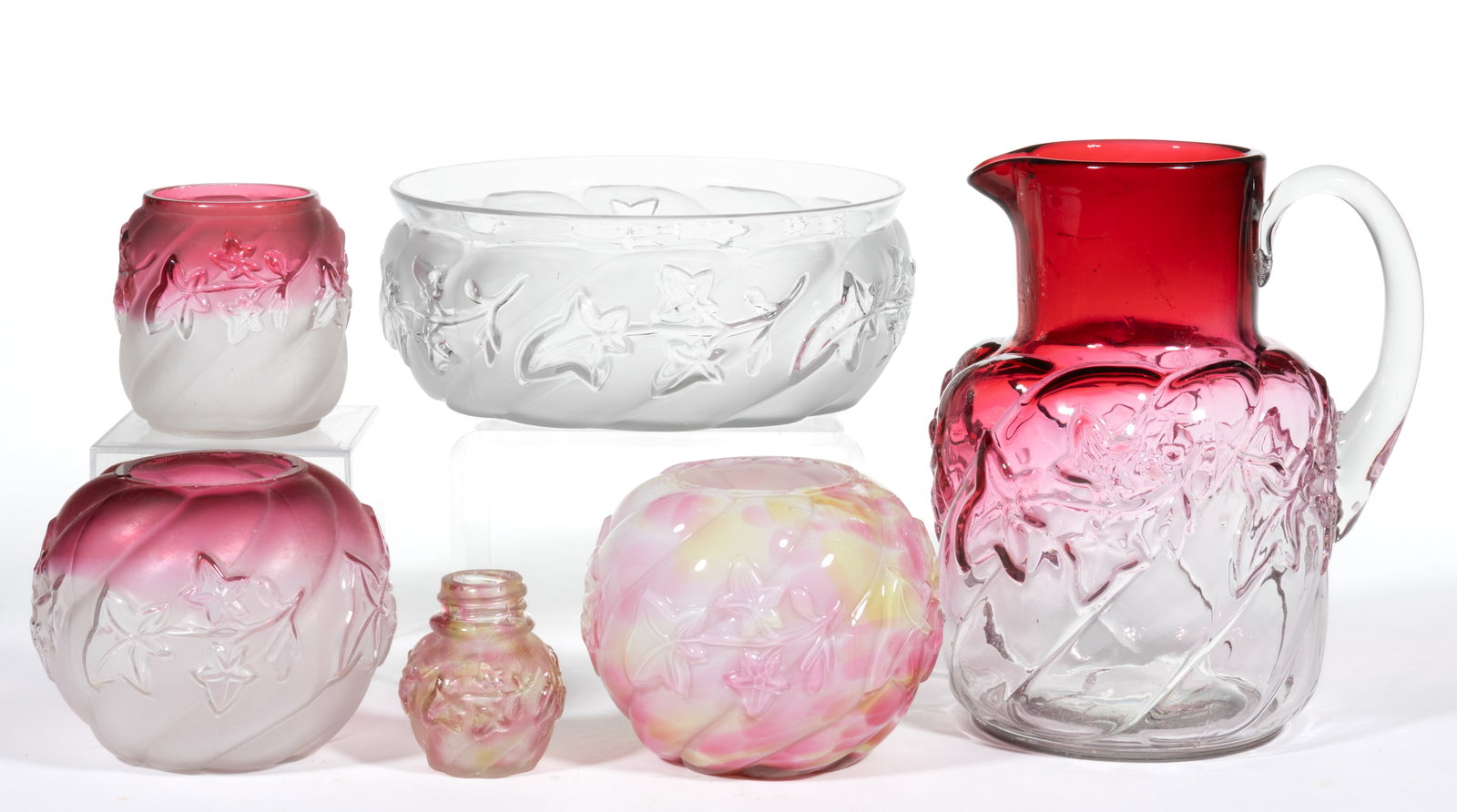 NORTHWOOD NO. 287 / ROYAL IVY GLASS ARTICLES, LOT OF SIX: NORTHWOOD NO. 287 / ROYAL IVY GLASS ARTICLES, LOT OF SIX, comprising opal cased yellow and pink spatter rose bowl, colorless with cranberry and yellow spatter cracquelle frosted shaker, rubina wi