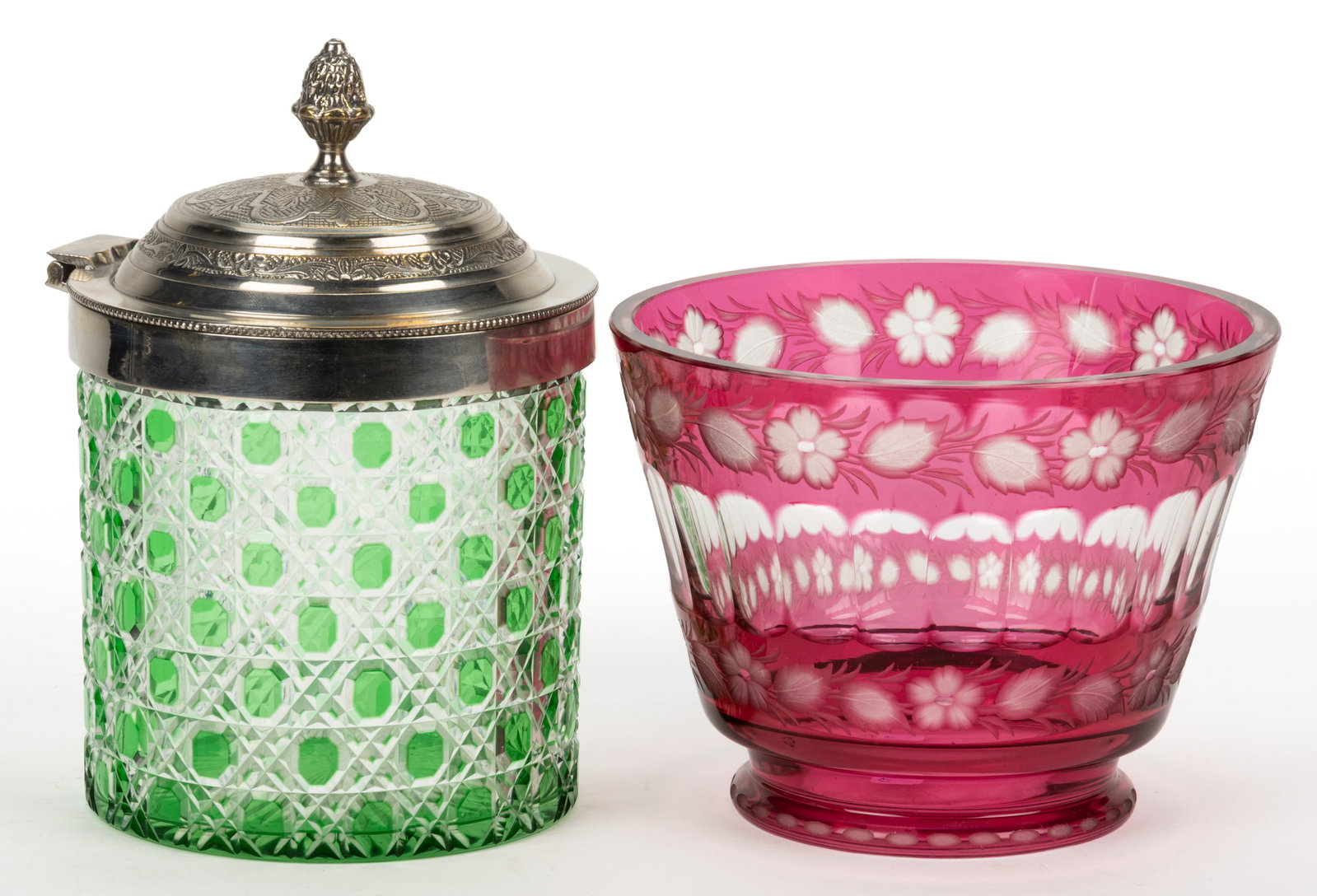 ASSORTED CUT OVERLAY GLASS ARTICLES, LOT OF TWO: ASSORTED CUT OVERLAY GLASS ARTICLES, LOT OF TWO, including a cranberry-stained tapered-form bowl on rounded foot with engraved floral decoration above and below a panel-cut medial band 