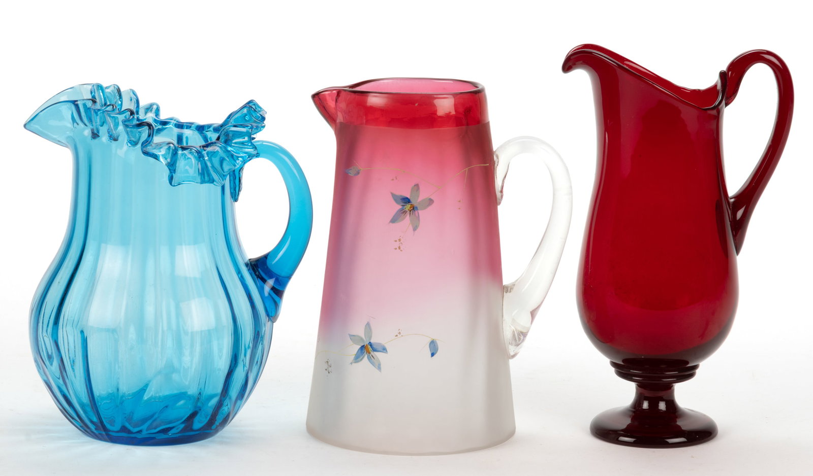 ASSORTED COLORED GLASS PITCHERS, LOT OF THREE (1 of 1)