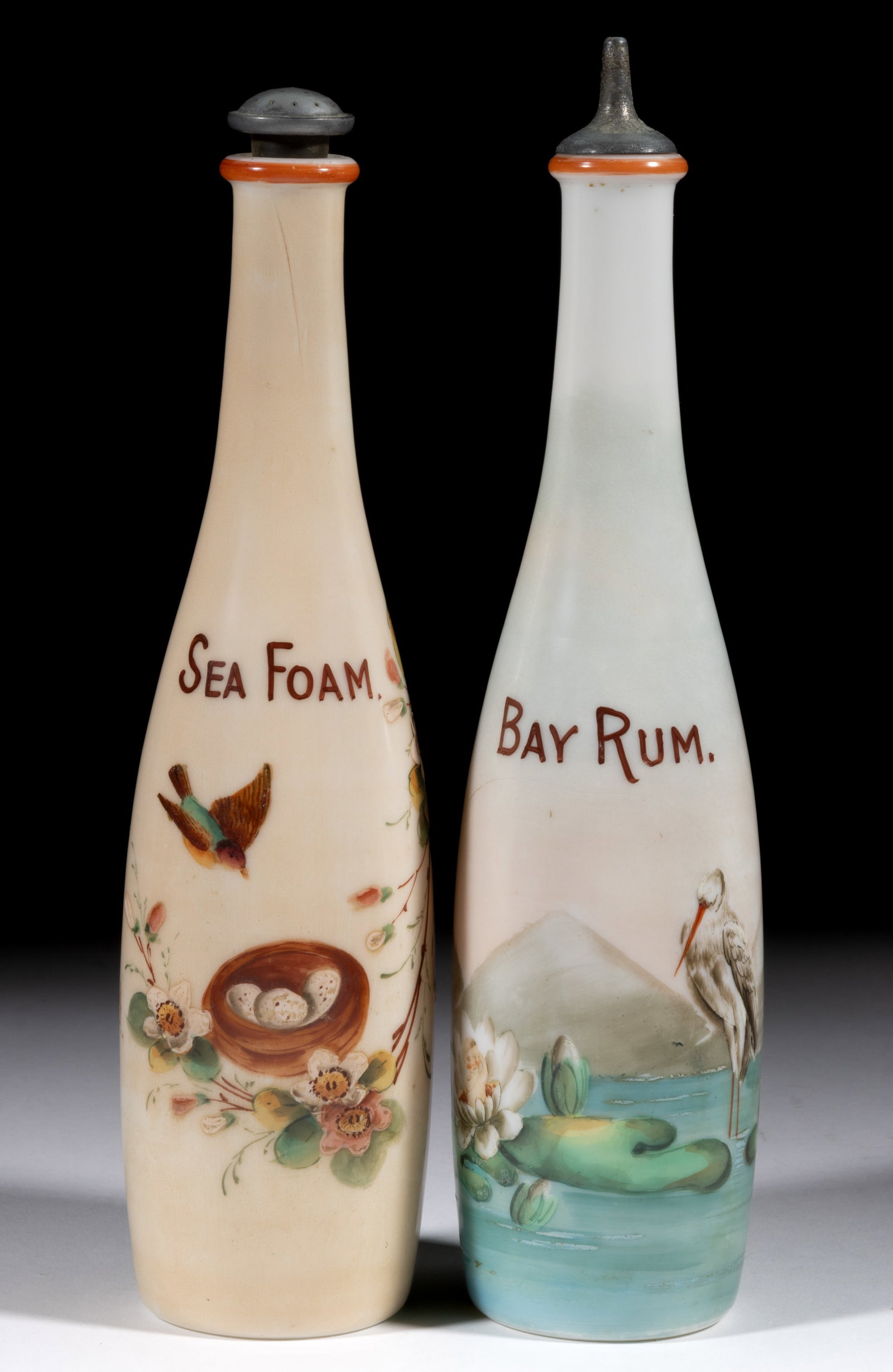 DECORATED OPAL GLASS BITTERS / BARBER'S BOTTLES, LOT OF TWO (1 of 1)