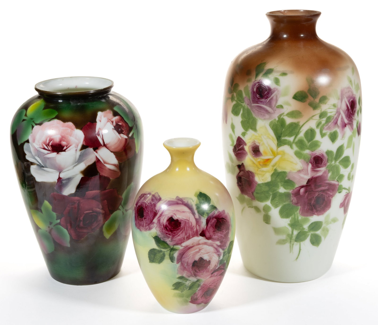 FLORAL ENAMEL-DECORATED OPAL VASES, LOT OF THREE: FLORAL ENAMEL-DECORATED OPAL VASES, LOT OF THREE, opaque white with various colored grounds, hand-painted floral decoration, one Fostoria No. 1152 1/2, Dec. No. 3, one Fostoria No. 1150 1/2 vase form,
