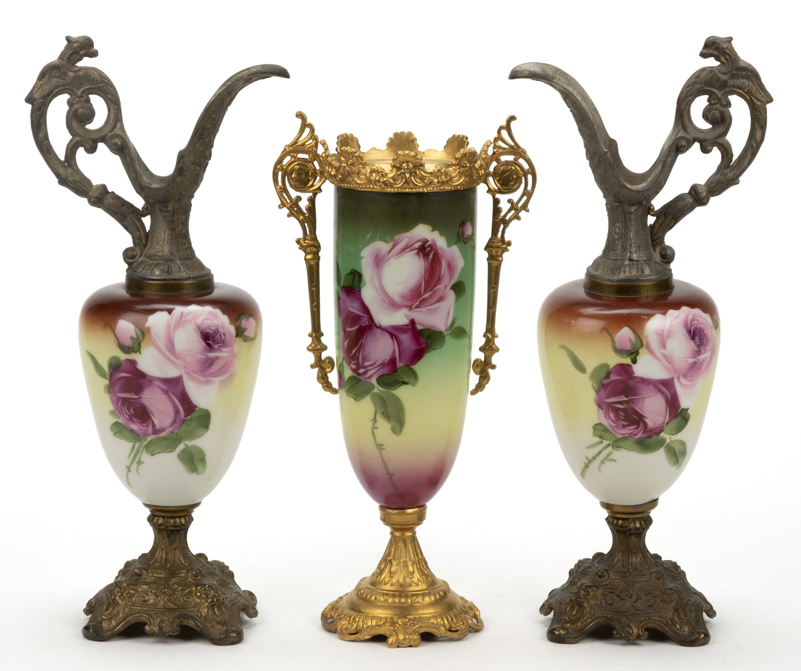 VICTORIAN ENAMEL-DECORATED MANTEL EWERS AND VASE, LOT OF THREE (1 of 1)