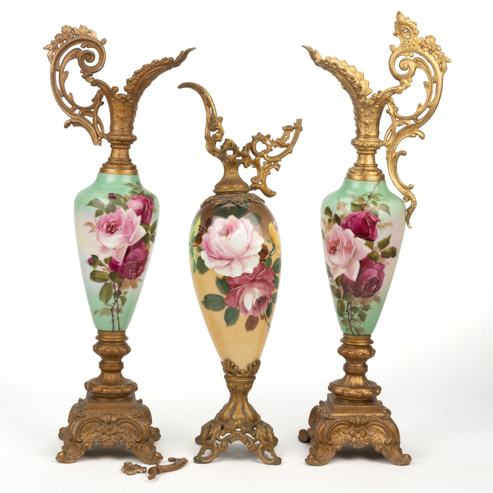 VICTORIAN ENAMEL DECORATED MANTEL EWERS, LOT OF THREE (1 of 2)