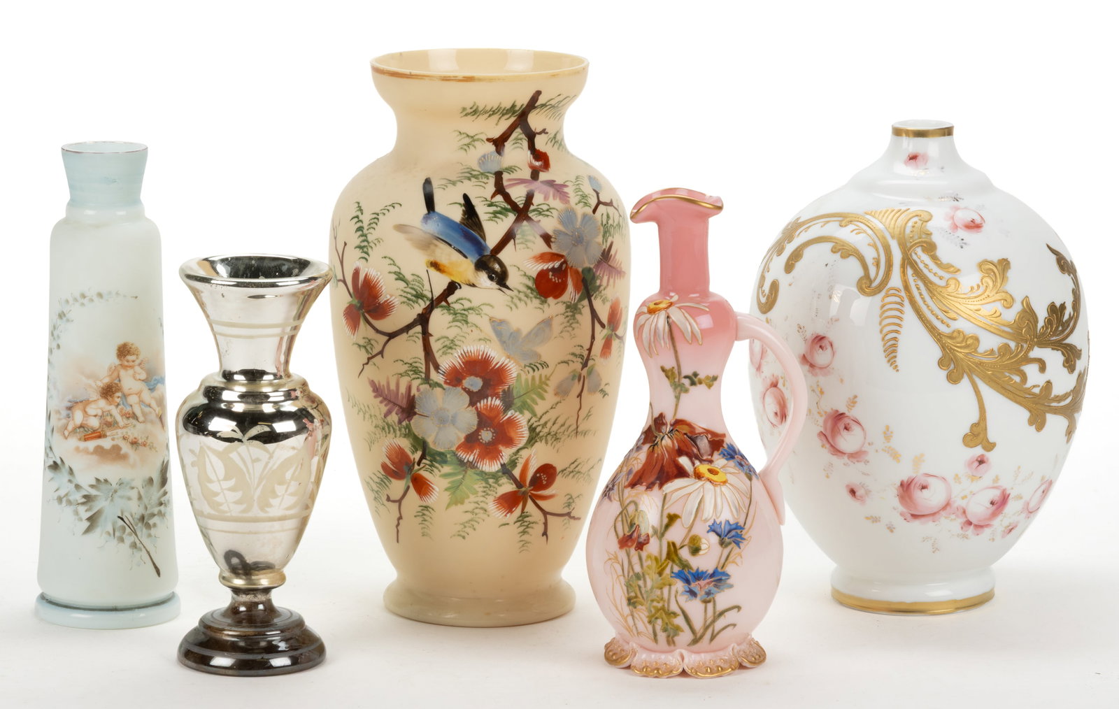 ASSORTED DECORATED GLASS VASES, LOT OF FIVE (1 of 1)