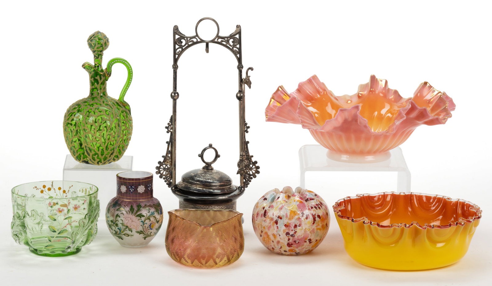 ASSORTED COLORED GLASS ARTICLES AND ACCESSORIES, LOT OF EIGHT: ASSORTED COLORED GLASS ARTICLES AND ACCESSORIES, LOT OF EIGHT, comprising raindrop air-trap satin mother-of-pearl cabinet vase with purple neck and floral enamel decoration, green Coralene cruet, both