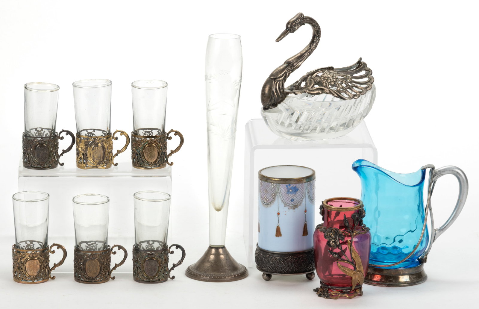 ASSORTED SILVER-PLATED GLASS ARTICLES, LOT OF 11 (1 of 1)