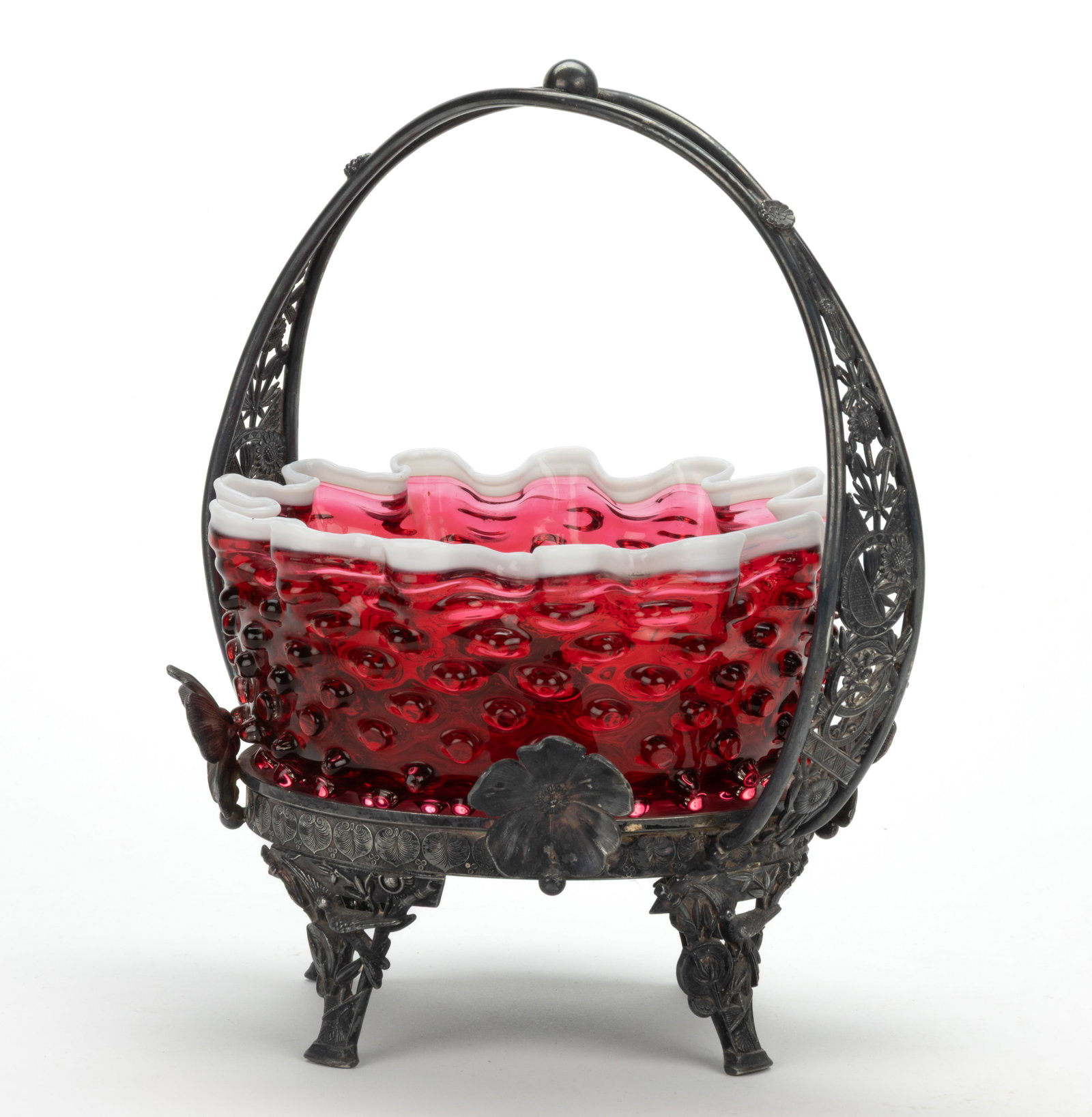 HOBBS NO. 323 / DEW DROP / HOBNAIL BRIDE'S BASKET: HOBBS NO. 323 / DEW DROP / HOBNAIL BRIDE'S BASKET, ruby/cranberry with applied opal ruffled-rim, fitted into a quadruple-plated stand marked for "REED & BARTON" and numbere