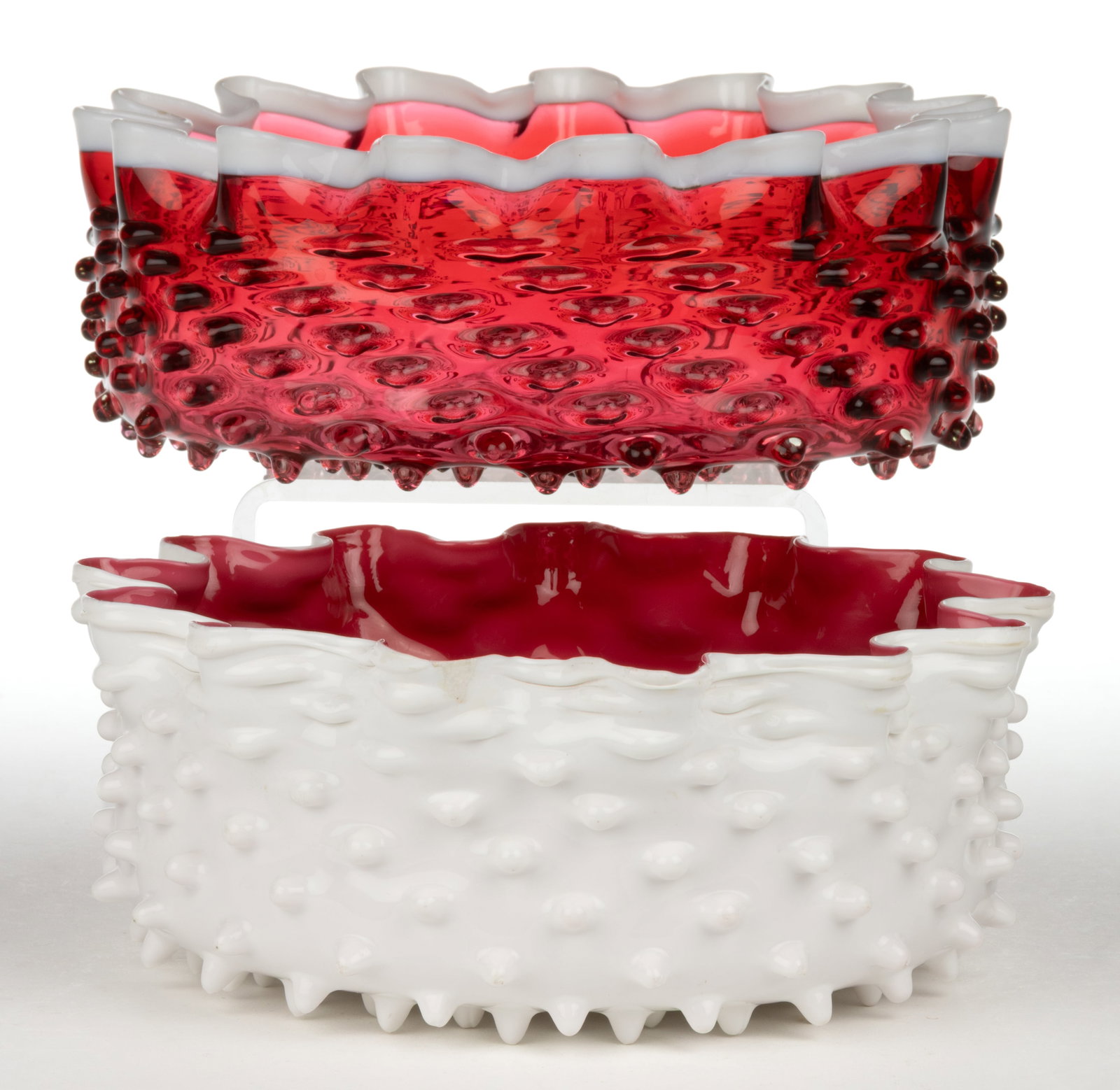 HOBBS NO. 323 / DEWDROP / HOBNAIL CENTERPIECE BOWLS, LOT OF TWO: HOBBS NO. 323 / DEW DROP / HOBNAIL CENTERPIECE BOWLS, LOT OF TWO, comprising a ruby/cranberry with applied opal ruffled-rim and a pink cased opal with ruffled-rim, each with polished po