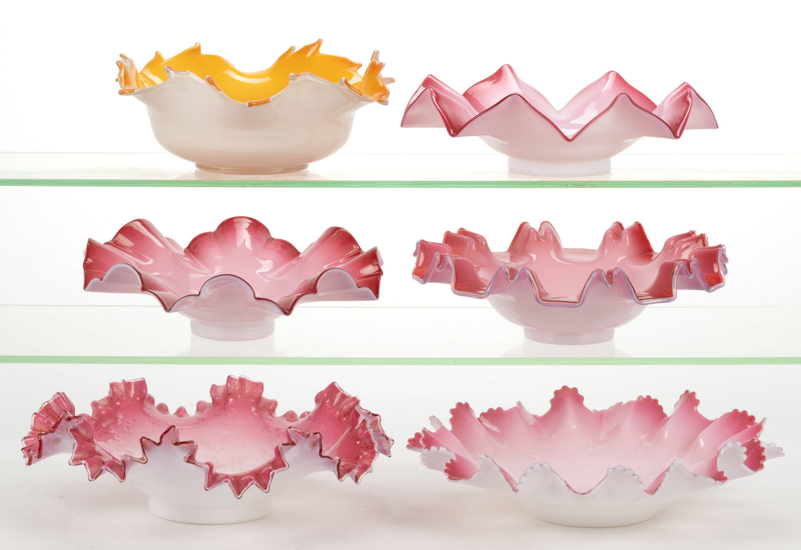 ASSORTED VICTORIAN CASED GLASS BRIDE'S BOWLS, LOT OF SIX (1 of 1)