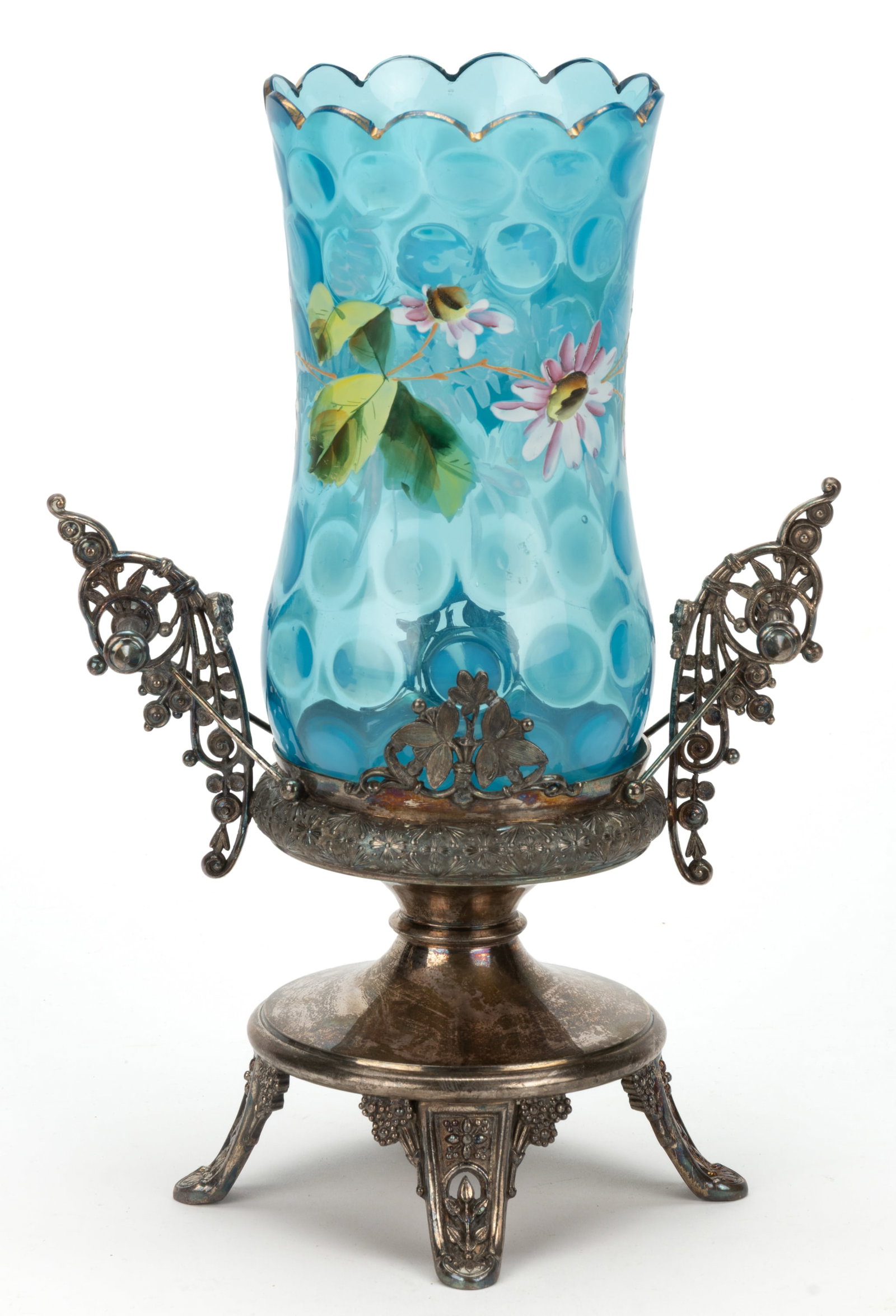 VICTORIAN SPOT-OPTIC ENAMEL-DECORATED GLASS VASE IN QUADRUPLE-PLATED STAND (1 of 1)