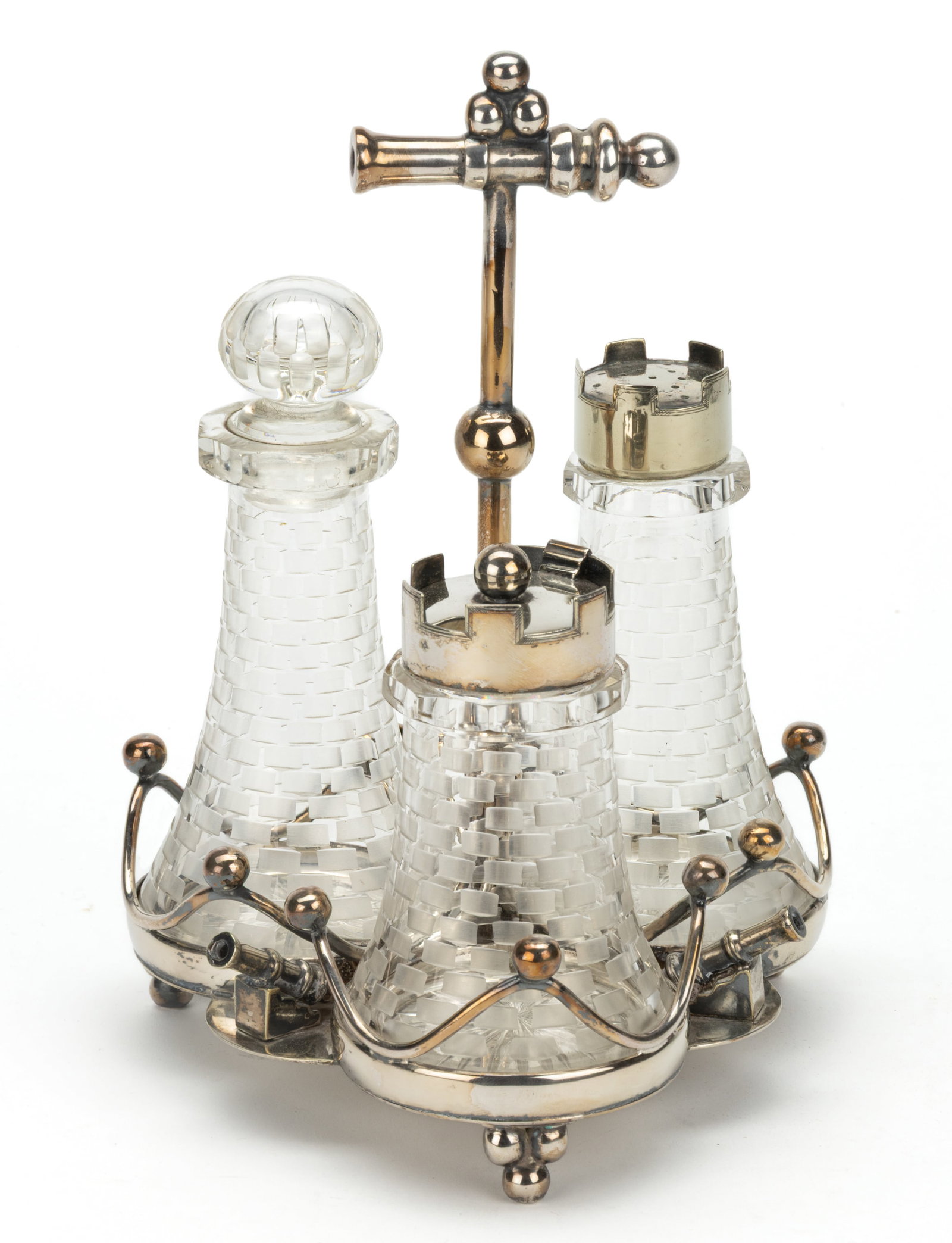 UNUSUAL CASTLE-FORM CUT AND ETCHED THREE-BOTTLE CASTER SET (1 of 1)