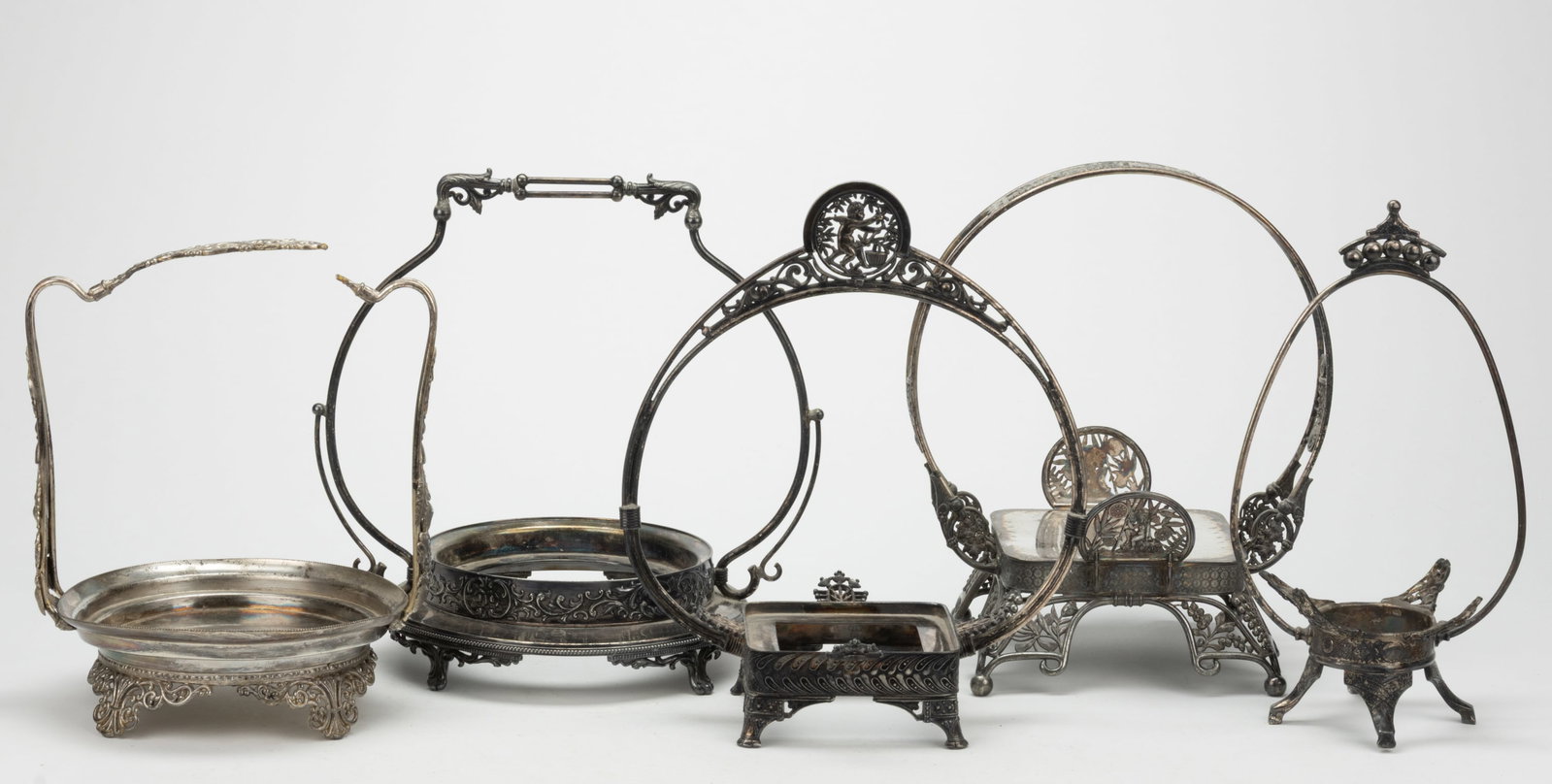 ASSORTED SILVER-PLATED BRIDE'S BASKET STANDS, LOT OF FIVE (1 of 1)