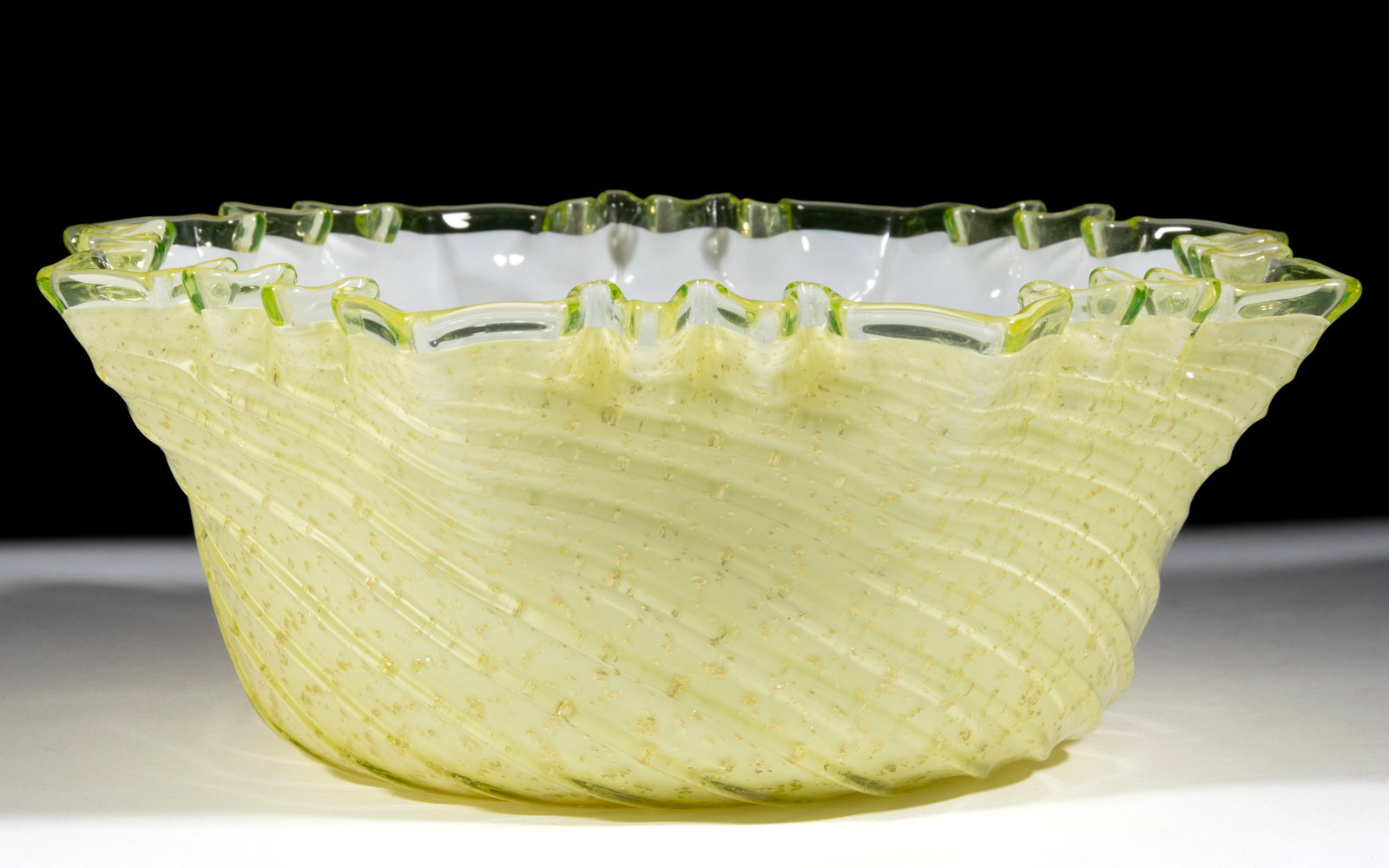 HOBBS EXTERNAL RIBS SPANGLED CASED GLASS SQUARE BOWL: HOBBS EXTERNAL RIBS SPANGLED CASED GLASS SQUARE BOWL, canary yellow (reacts under black light) mica spangle over opal interior, crimped rim, polished pontil mark. Hobbs, Brockunier & Co. Fourth qu