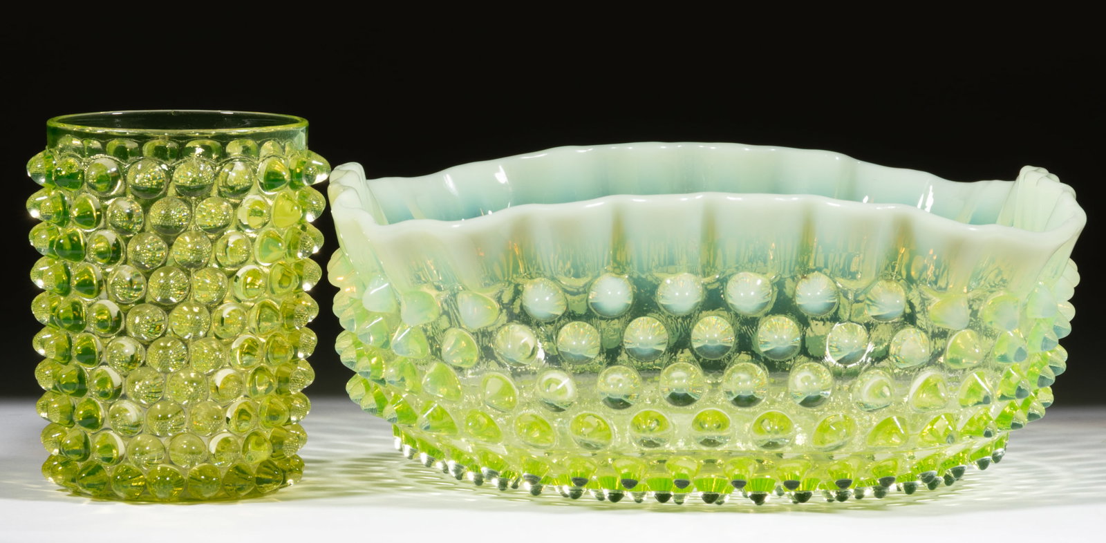 HOBBS NO. 323 DEW DROP / HOBBS HOBNAIL GLASS TABLE ARTICLES, LOT OF TWO: HOBBS NO. 323 DEW DROP / HOBBS HOBNAIL GLASS TABLE ARTICLES, LOT OF TWO, Vaseline (reacts under black light) and Vaseline opalescent, comprising a tumbler and a square-form master 