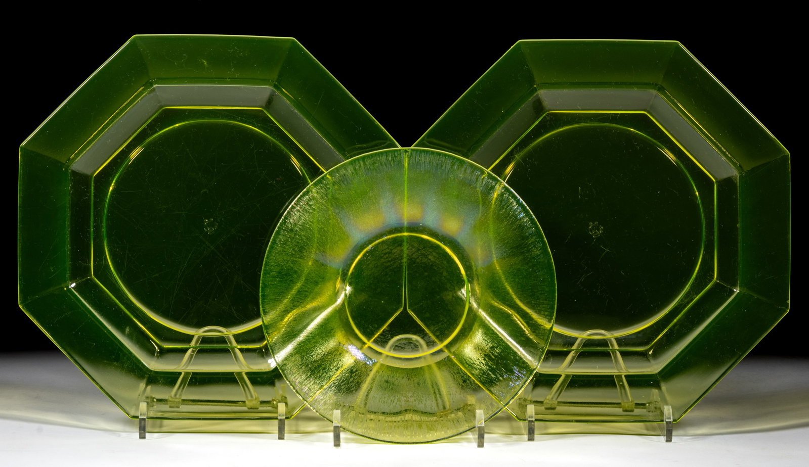 U.S. GLASS DEPRESSION-ERA VASELINE GLASS PLATES, LOT OF TWO (1 of 1)