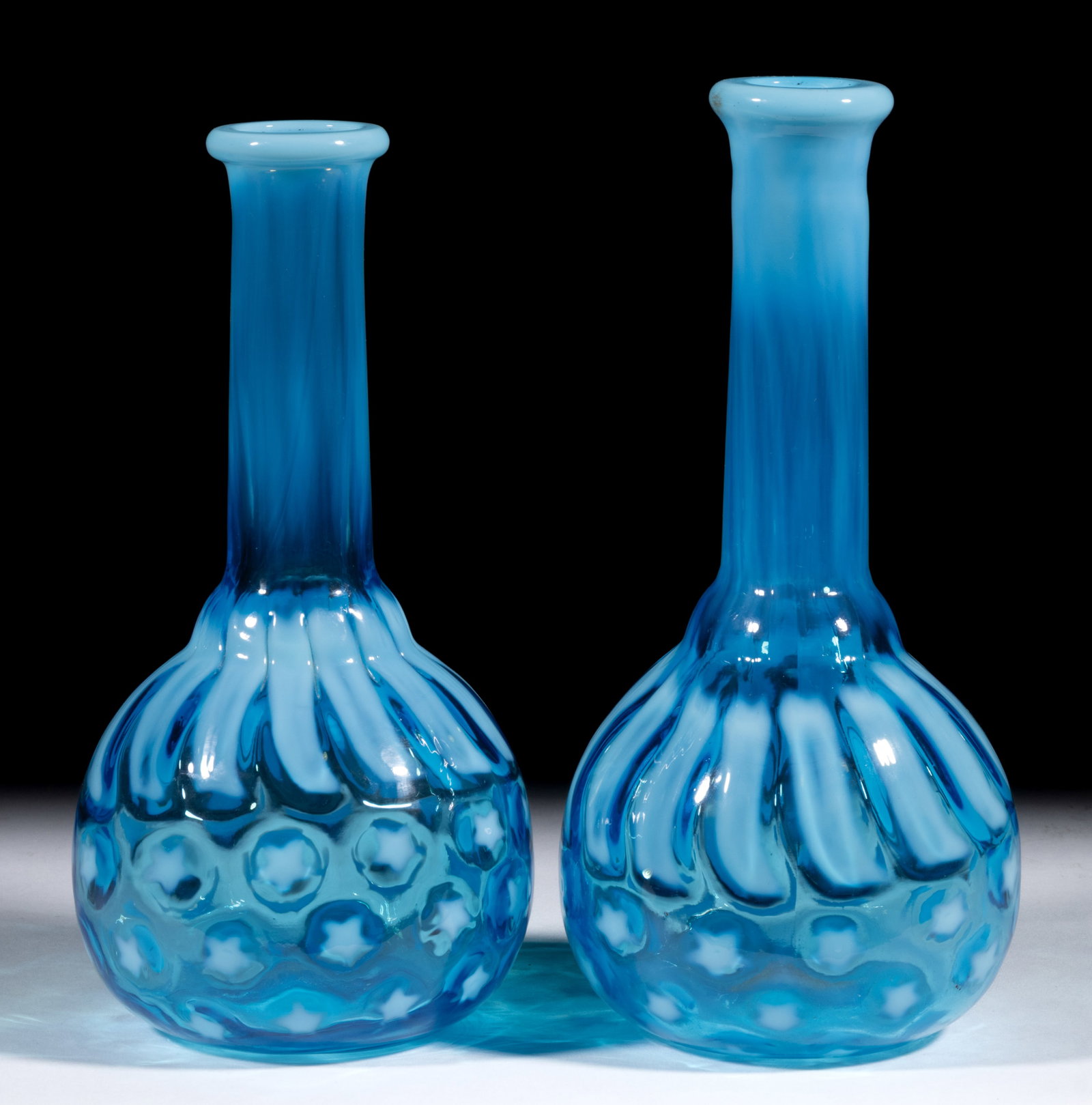 STARS AND STRIPES / HOBBS NO. 293 BITTERS / BARBER'S BOTTLES, LOT OF TWO: STARS AND STRIPES / HOBBS NO. 293 BITTERS / BARBER'S BOTTLES, LOT OF TWO, blue opalescent, both with three rows of stars below the stripes, polished pontil mark. Probably Hobbs, Brockunier & C