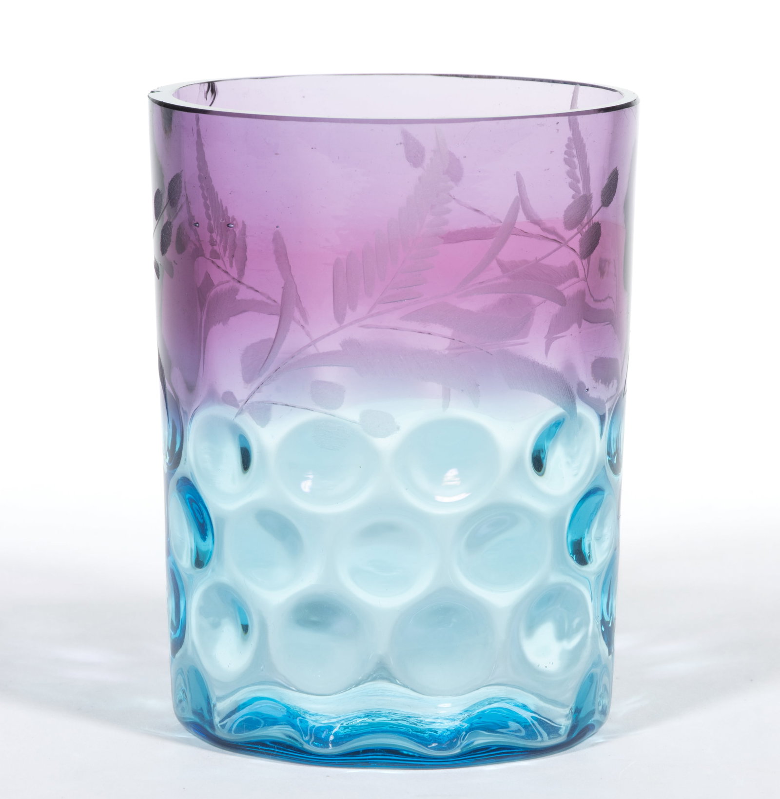 HOBBS NO. 290 / POLKA DOT TUMBLER: HOBBS NO. 290 / POLKA DOT TUMBLER, blurina (ruby sapphire), with No. 5 engraving of foliage. Hobbs, Brockunier & Co. Circa 1884. 3 3/4" H. Literature: Parallels the Bredehofts - Hobbs, 