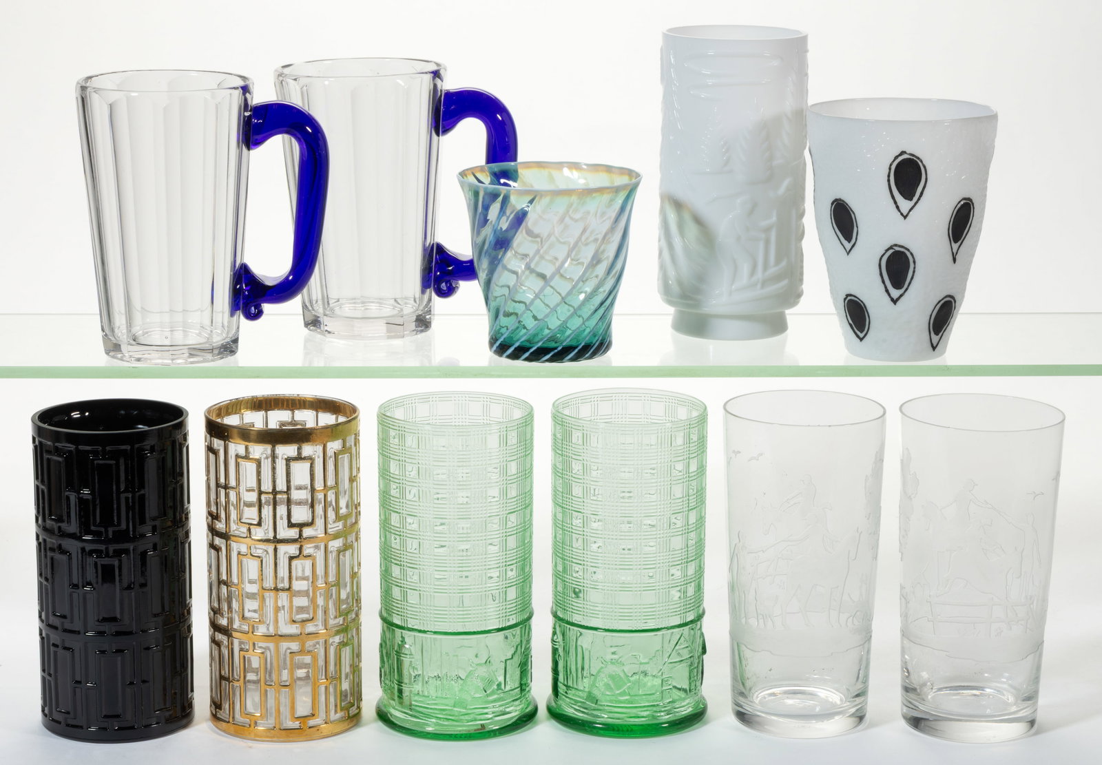 ASSORTED VINTAGE MID-CENTURY GLASS DRINKING VESSELS, LOT OF 11: ASSORTED VINTAGE MID-CENTURY GLASS DRINKING VESSELS, LOT OF 11, various colors, including an Imperial Shoji 22K Gold Trellis Highball Glass with maker's mark on base, one Imperial opaque