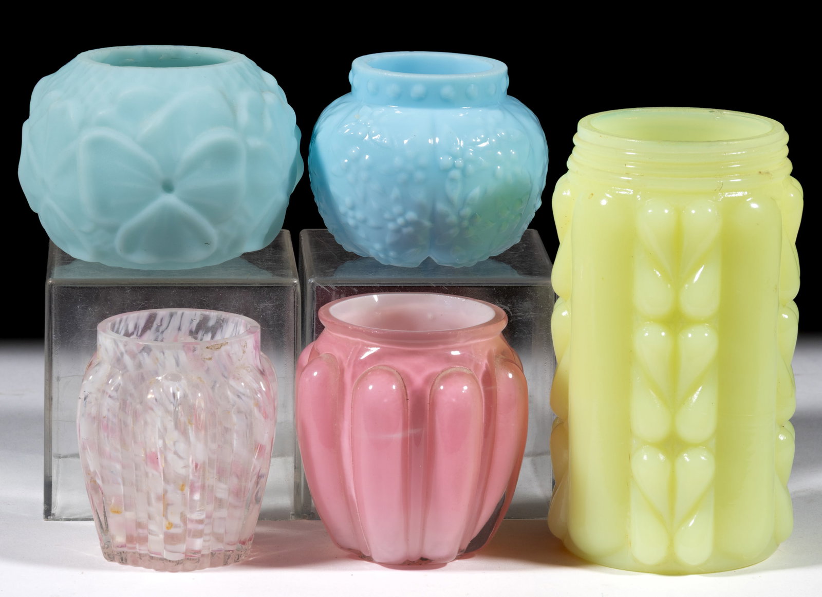 ASSORTED VICTORIAN GLASS TOOTHPICK HOLDERS, LOT OF FOUR: ASSORTED VICTORIAN GLASS TOOTHPICK HOLDERS, LOT OF FOUR, comprising a cased pink and an opalescent spatter Bulging Loops, an opaque blue Challinor Forget-Me-Not, and a satin finish opaque blue Pansy. 