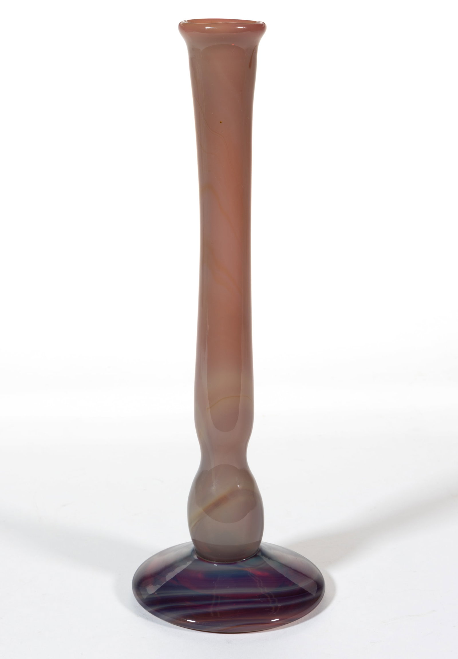 DOMINIC LABINO (AMERICAN, 1910-1987) STUDIO ART GLASS TALL BUD VASE: DOMINIC LABINO (AMERICAN, 1910-1987) STUDIO ART GLASS TALL BUD VASE, rose opalescent, tall skinny bud vase, round foot with polished pontil mark, signed and dated "Labino/1969". Ohio. Dated 