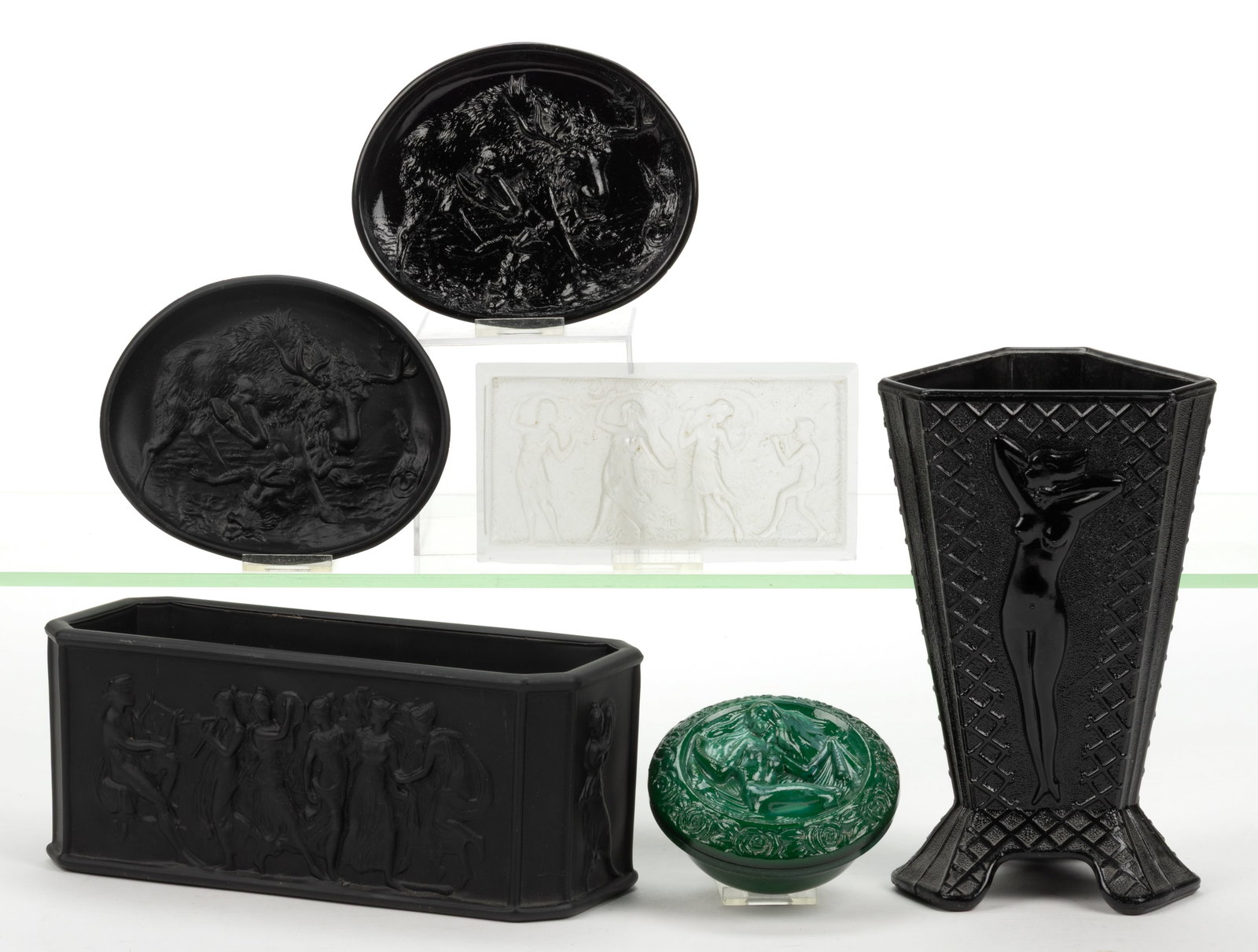 ASSORTED ART DECO GLASS ARTICLES, LOT OF SIX: ASSORTED ART DECO GLASS ARTICLES, LOT OF SIX, including a green Czech Malachite Classical Nude covered dish, a frosted colorless Dancing Maidens trinket box cover, a black