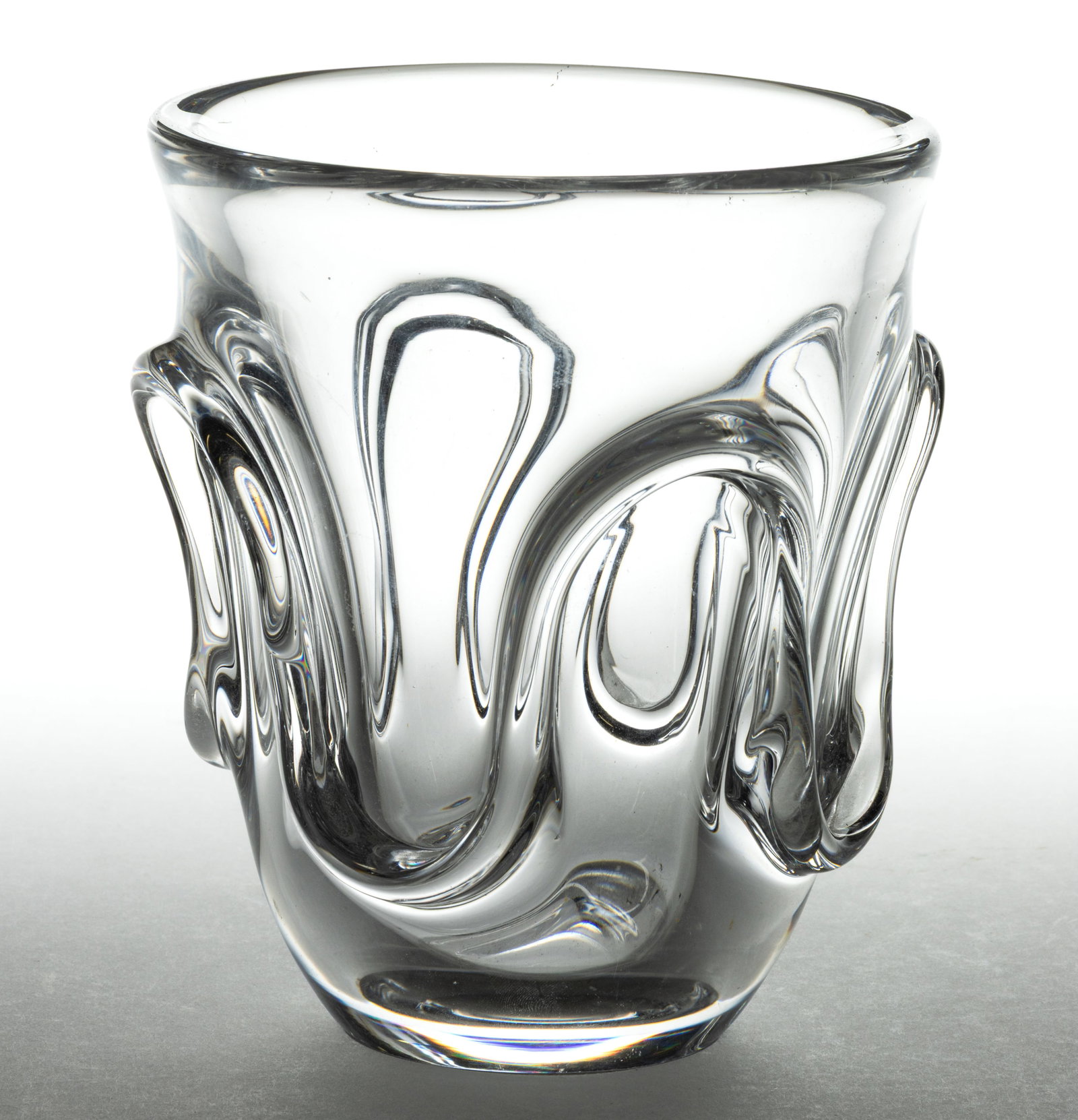 MID-CENTURY ANTONIO AND GUIDO BON VASE: MID-CENTURY ANTONIO AND GUIDO BON VASE, colorless, polished pontil mark, marked "Val Saint Lambert" to underside. Circa 1950. 6 1/2" H, 5 1/2" D rim. Provenance: The estate co