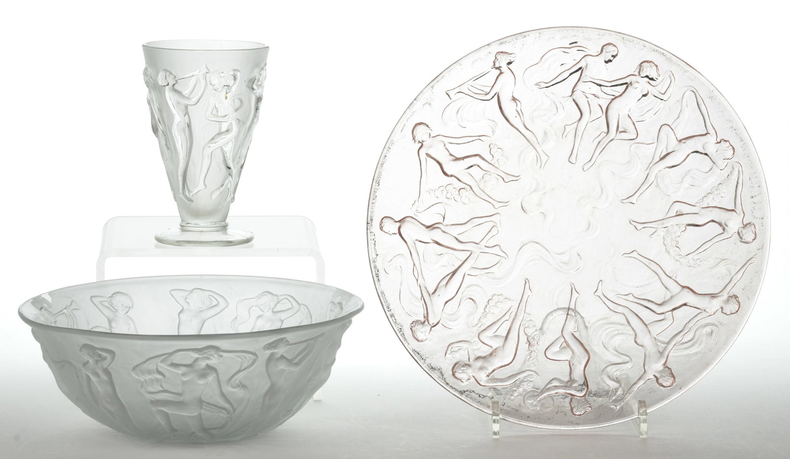 CONSOLIDATED DANCING NYMPH TABLE ARTICLES, LOT OF THREE: CONSOLIDATED DANCING NYMPH TABLE ARTICLES, LOT OF THREE, pink and frosted colorless, comprising a plate, goblet, and bowl. Consolidated Lamp & Glass Co. Second quarter 20th century. Plate: 10