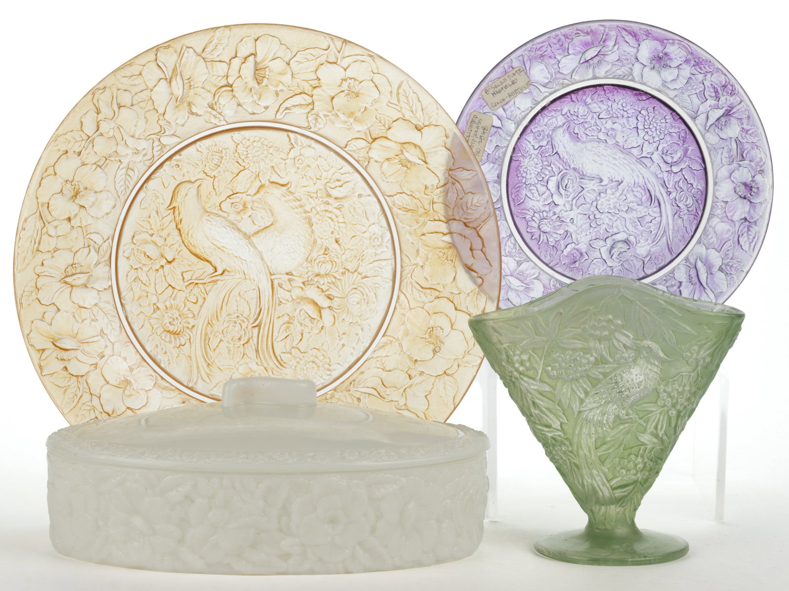 CONSOLIDATED BIRD OF PARADISE ARTICLES, LOT OF FOUR: CONSOLIDATED BIRD OF PARADISE ARTICLES, LOT OF FOUR, opaque white, colorless with amethyst, yellow, and green washes, comprising two plates of various sizes, a fan vase, and an oval candy bo