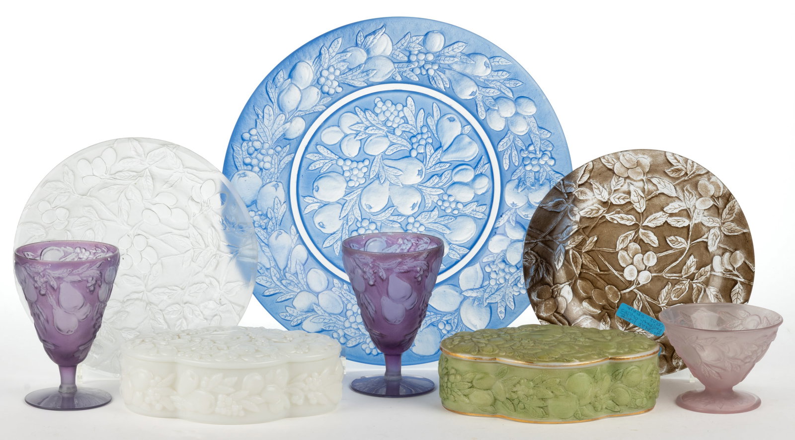 CONSOLIDATED ART GLASS FRUIT MOTIF ARTICLES, LOT OF EIGHT: CONSOLIDATED ART GLASS FRUIT MOTIF ARTICLES, LOT OF EIGHT, frosted colorless and opaque white with various colored grounds, comprising one Five Fruits plate, two goblets, two powder boxes, and a 