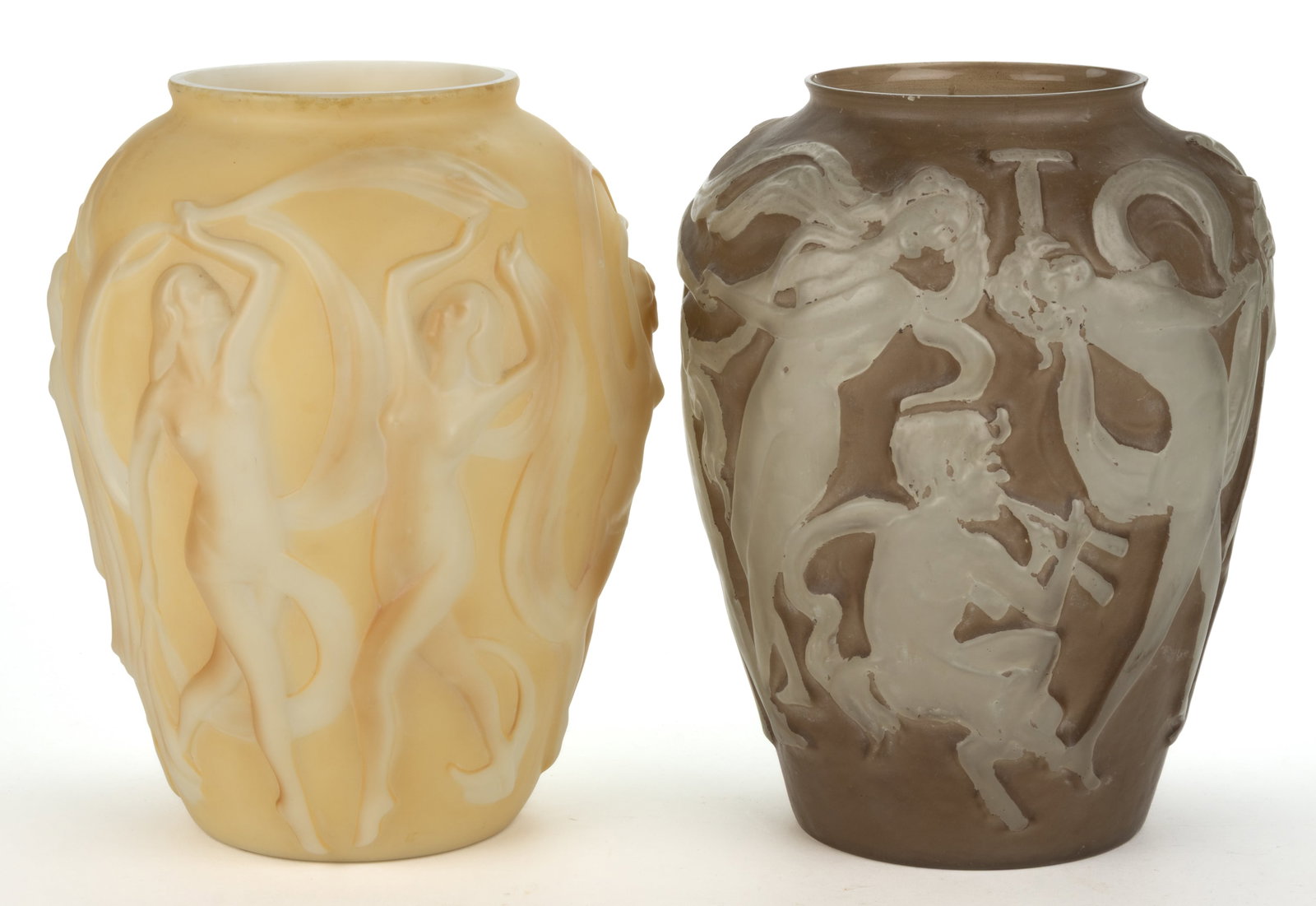 PHOENIX / CONSOLIDATED ART GLASS DANCING GIRLS VASE, LOT OF TWO: PHOENIX / CONSOLIDATED ART GLASS DANCING GIRLS VASES, LOT OF TWO, tan shadow and sepia wash. Consolidated Lamp & Glass Co. and Phoenix Glass Co. Second quarter 19th century. 11 3/8" H.&n