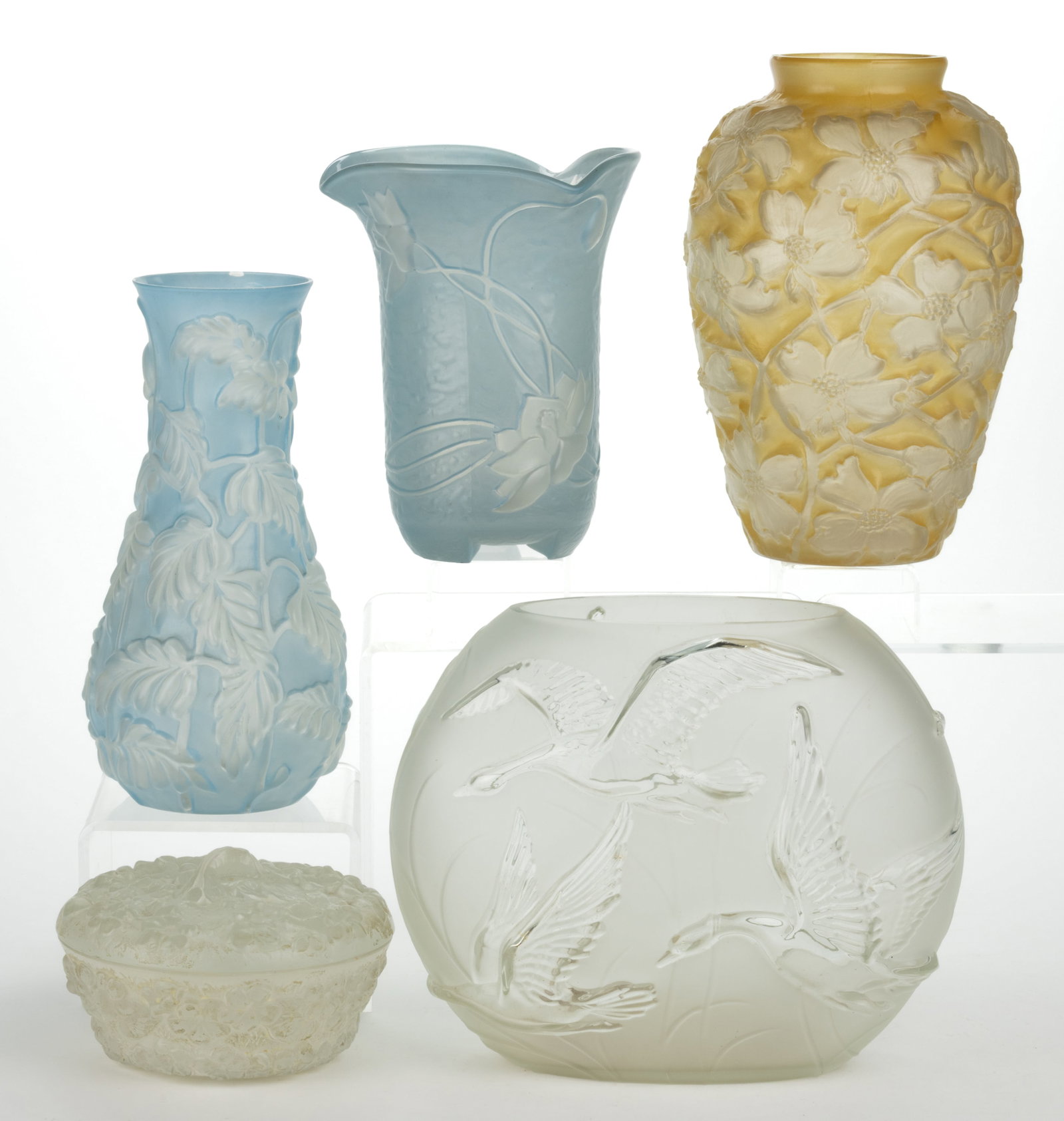 PHOENIX ART GLASS ARTICLES, LOT OF FIVE: PHOENIX ART GLASS ARTICLES, LOT OF FIVE, colorless with various grounds, comprising a tri-crimped Lily vase, a Philodendron vase, a Phlox covered candy dish, a Wild Geese pillow vase, and a Wild 