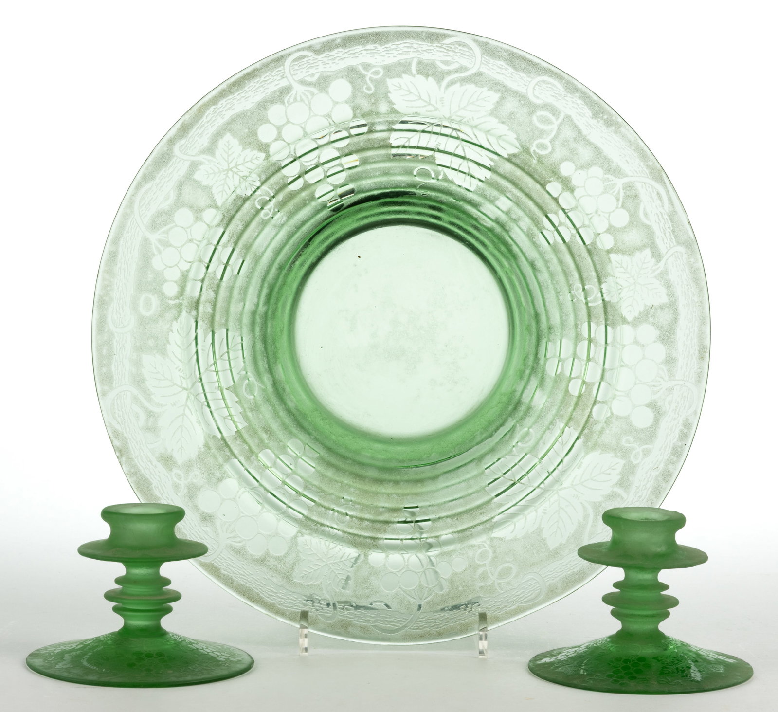 FOSTORIA GRAPE BROCADE ETCHED GLASS ARTICLES, LOT OF THREE (1 of 1)