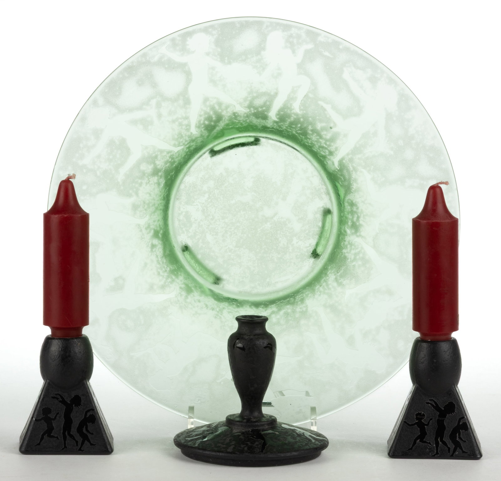 FOSTORIA CUPID BROCADE ETCHED GLASS ARTICLES, LOT OF FOUR: FOSTORIA CUPID BROCADE ETCHED GLASS ARTICLES, LOT OF FOUR, opaque ebony and apple green (reacts under black light), including a footed bowl, a pair of candlesticks, and a powder dish cover l