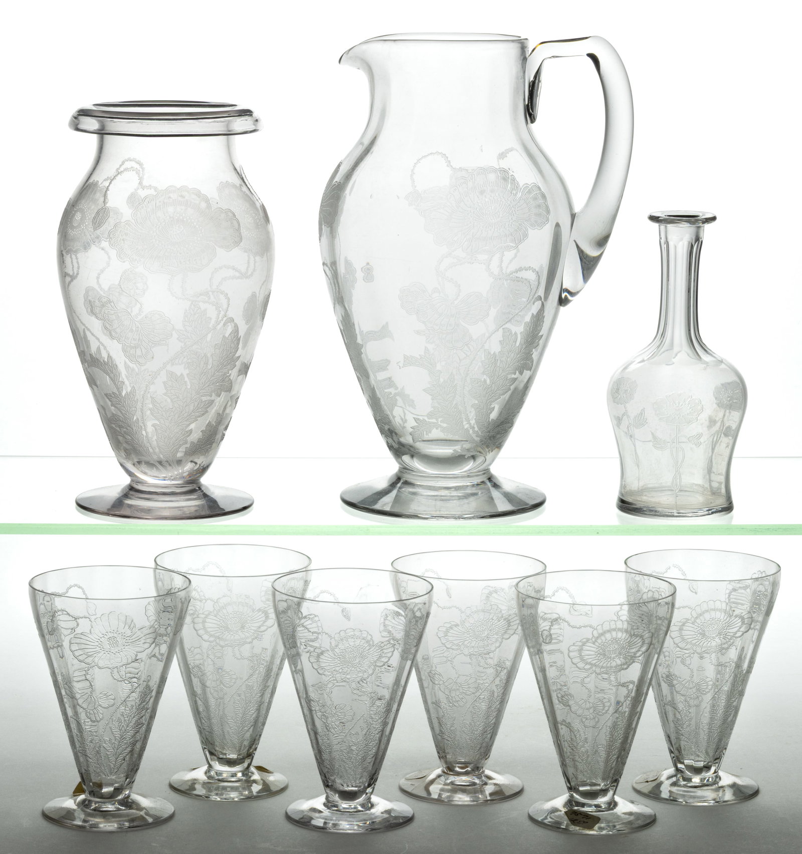 FOSTORIA ROGENE ETCHED GLASS ARTICLES, LOT OF NINE (1 of 1)