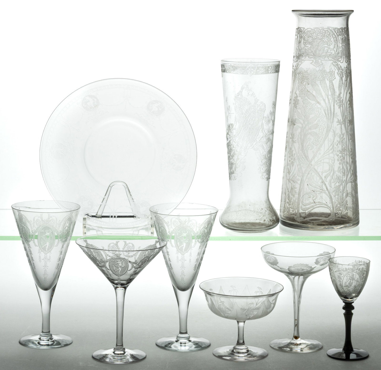 ASSORTED ETCHED GLASS ARTICLES, LOT OF NINE (1 of 1)