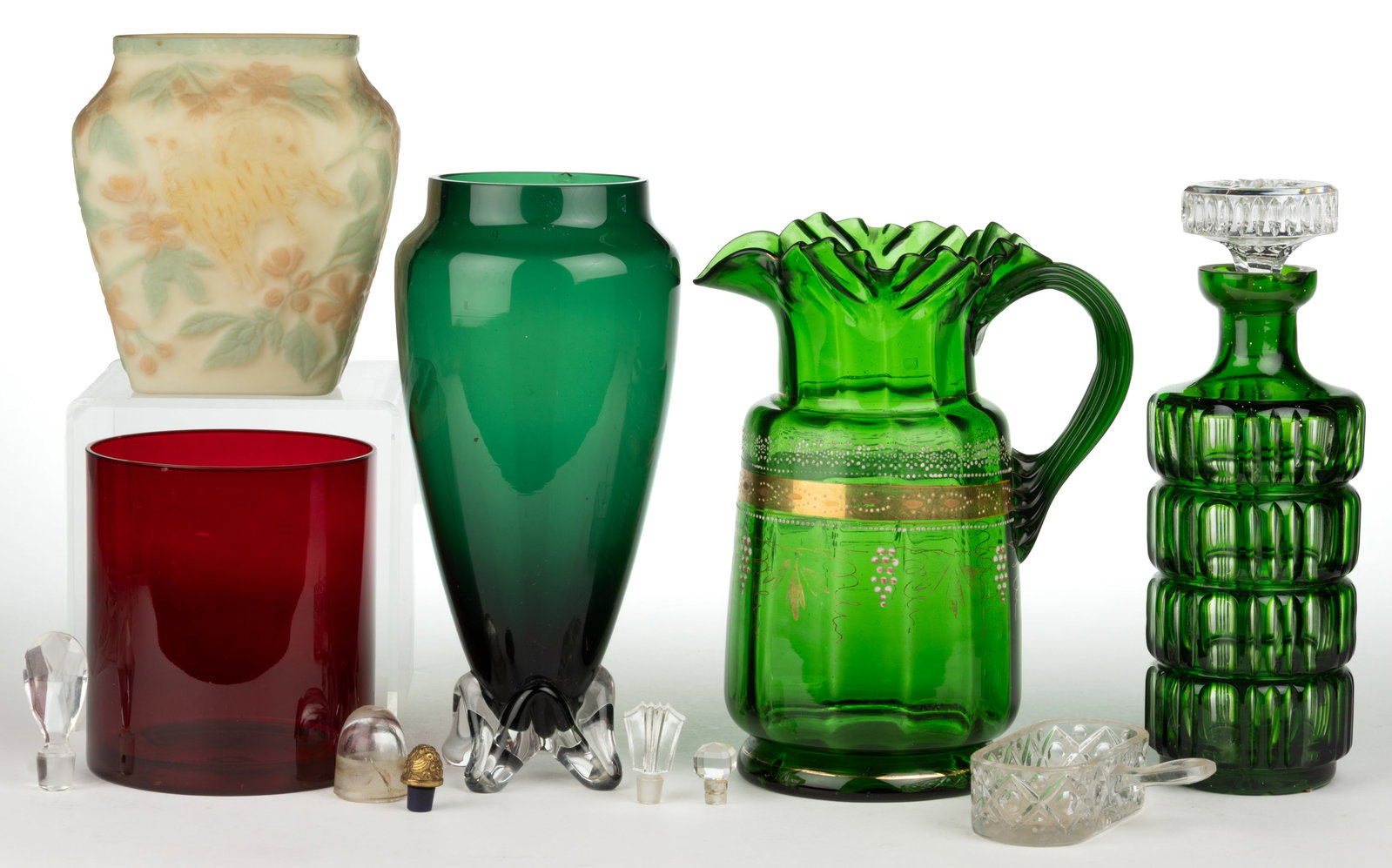 ASSORTED GLASS ARTICLES, LOT OF 11: ASSORTED GLASS ARTICLES, LOT OF 11, various colors, including a custard Consolidated Chickadee vase with various colored highlights, an emerald green paneled water pitcher with gilt and enamel de