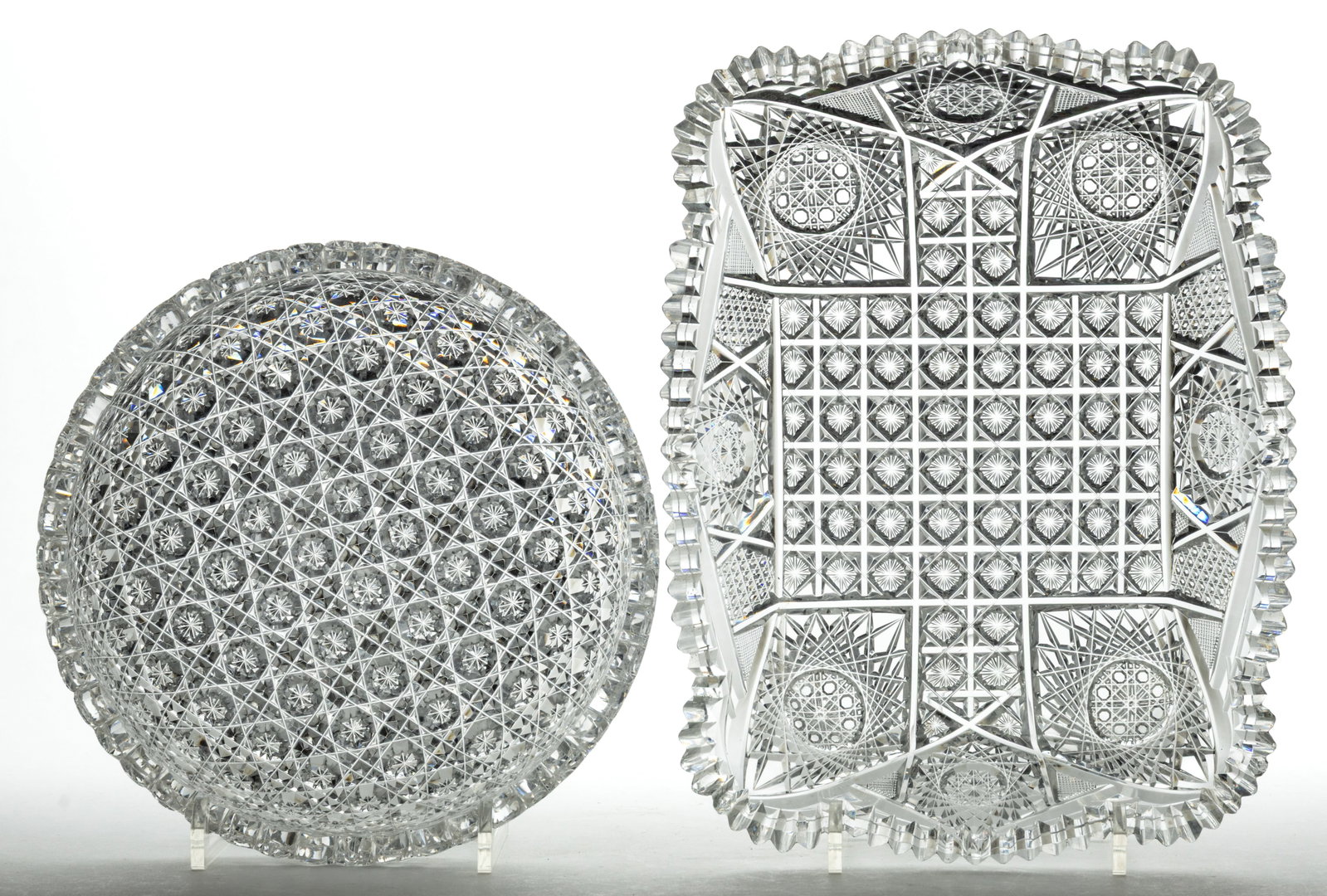 AMERICAN BRILLIANT CUT GLASS TABLE ARTICLES, LOT OF TWO: AMERICAN BRILLIANT CUT GLASS TABLE ARTICLES, LOT OF TWO, colorless, comprising a round bowl with Russian cut pattern and a rectangular tray with double Brunswick stars, fine diamond fields, cane-cente