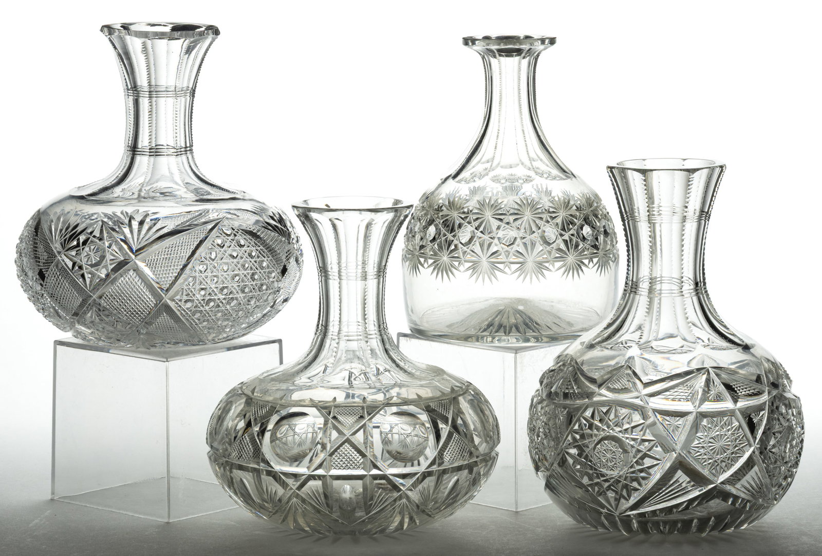 ASSORTED BRILLIANT CUT GLASS WATER CARAFE/BOTTLES, LOT OF FOUR (1 of 2)