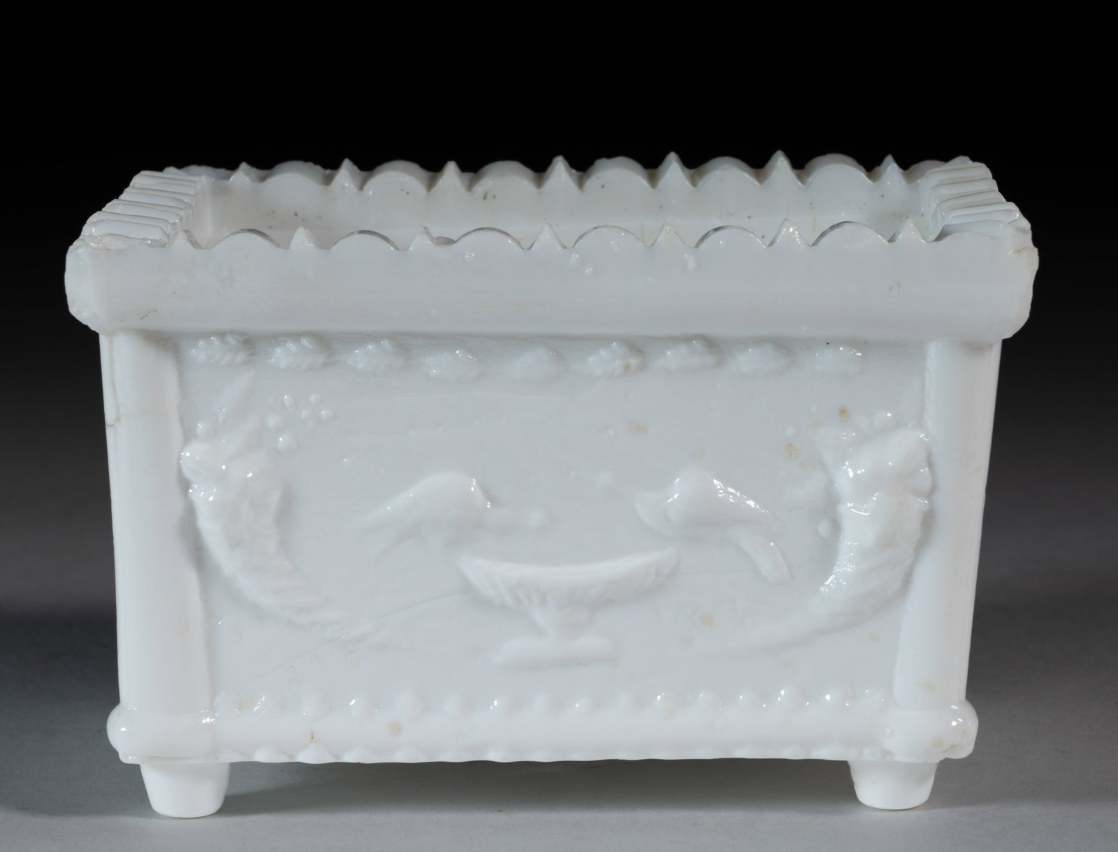 BB-1 BIRD BATH AND CORNUCOPIA PRESSED OPEN SALT: BB-1 BIRD BATH AND CORNUCOPIA PRESSED OPEN SALT, opaque white, scallop-and-point rim. Very rare. New England Glass Co. 1830-1840. 1 7/8" H, 2 1/8" x 3". Literature: Neal - Pre