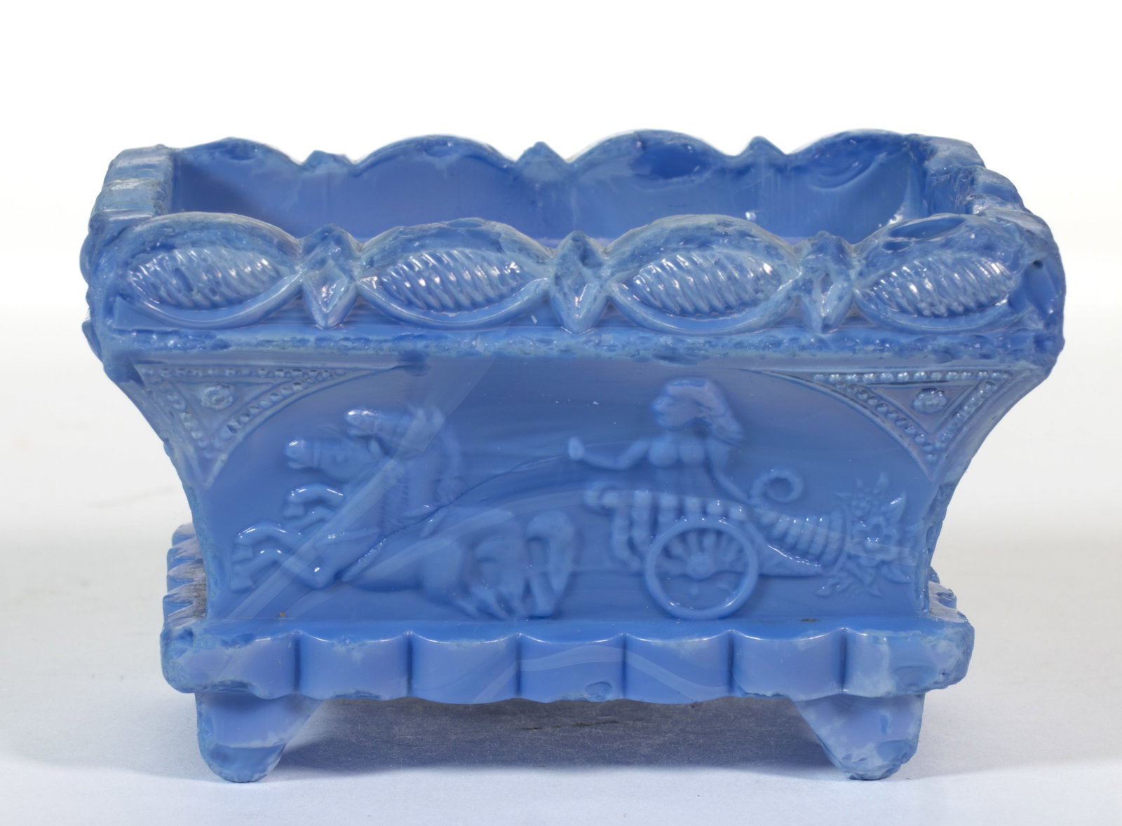 CT-1 CHARIOT PRESSED OPEN SALT: CT-1 CHARIOT PRESSED OPEN SALT, mottled silvery opaque powder blue, scallop-and-point rim. Very rare. Boston & Sandwich Glass Co. 1835-1850. 1 3/4" H, 2 1/8" x 2 7/8" rim. Literatur