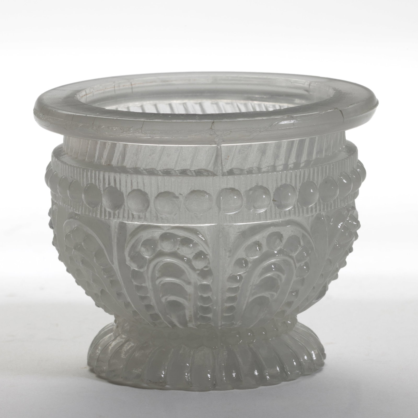 MCKEARIN GV-24 ROUND BLOWN-MOLDED OPEN SALT: MCKEARIN GV-24 ROUND BLOWN-MOLDED OPEN SALT, unlisted clambroth, factory-polished rim and foot. Probably very rare. Possibly Boston & Sandwich Glass Co. 1830-1860. 2 1/8" H, 2