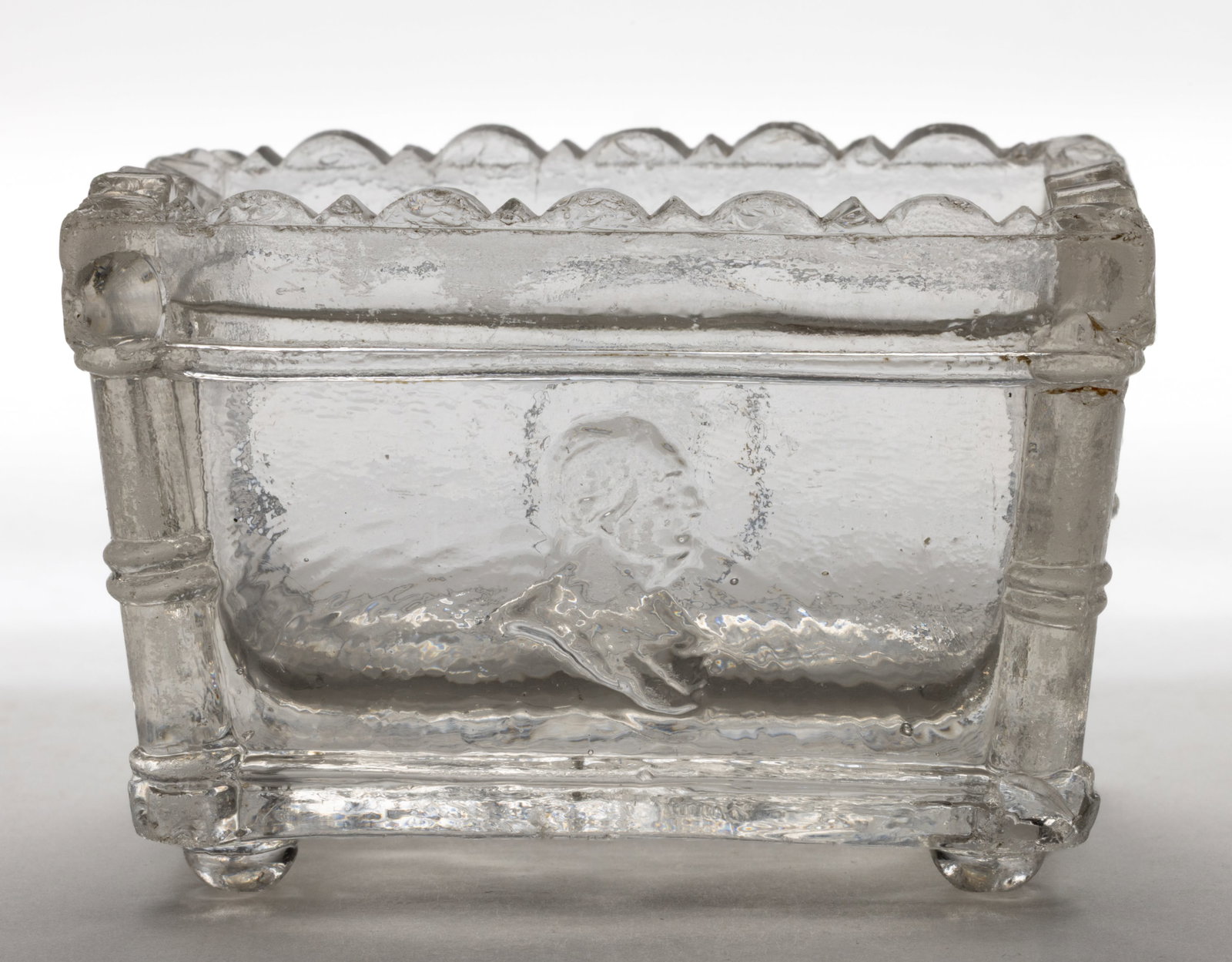 HL-3 "WASHINGTON" / "LAFAYETTE" HISTORICAL PRESSED OPEN SALT: HL-3 "WASHINGTON" / "LAFAYETTE" HISTORICAL PRESSED OPEN SALT, colorless, scallop-and-point rim, name faintly embossed above each bust, grape bunch and leaf base. Listed as unique b