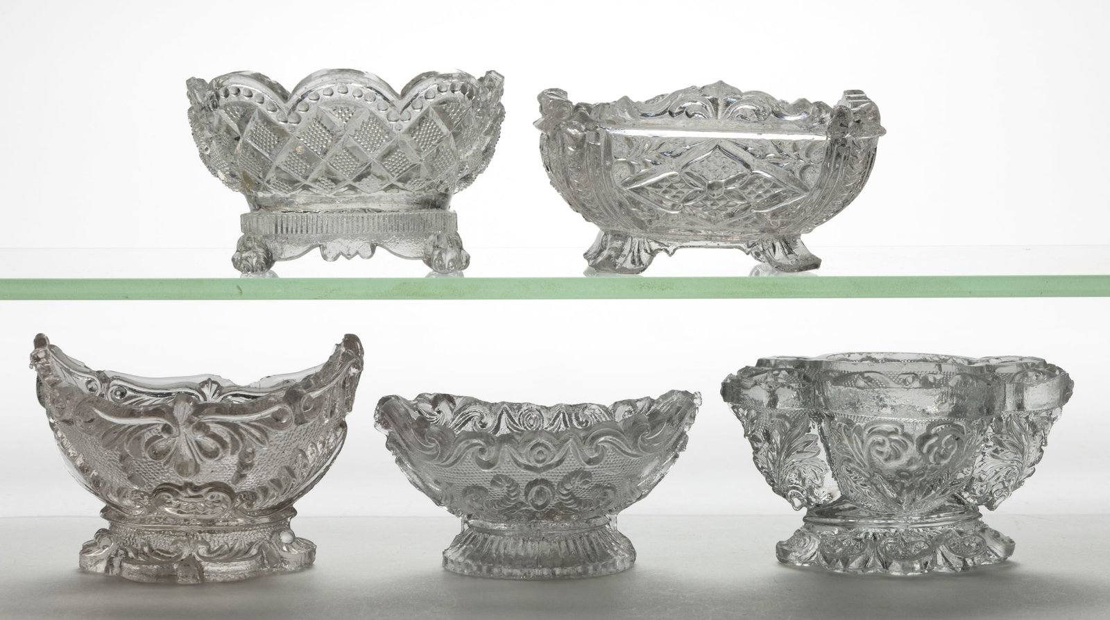 ASSORTED OP OVAL PEDESTAL PRESSED OPEN SALTS, LOT OF FIVE (1 of 1)