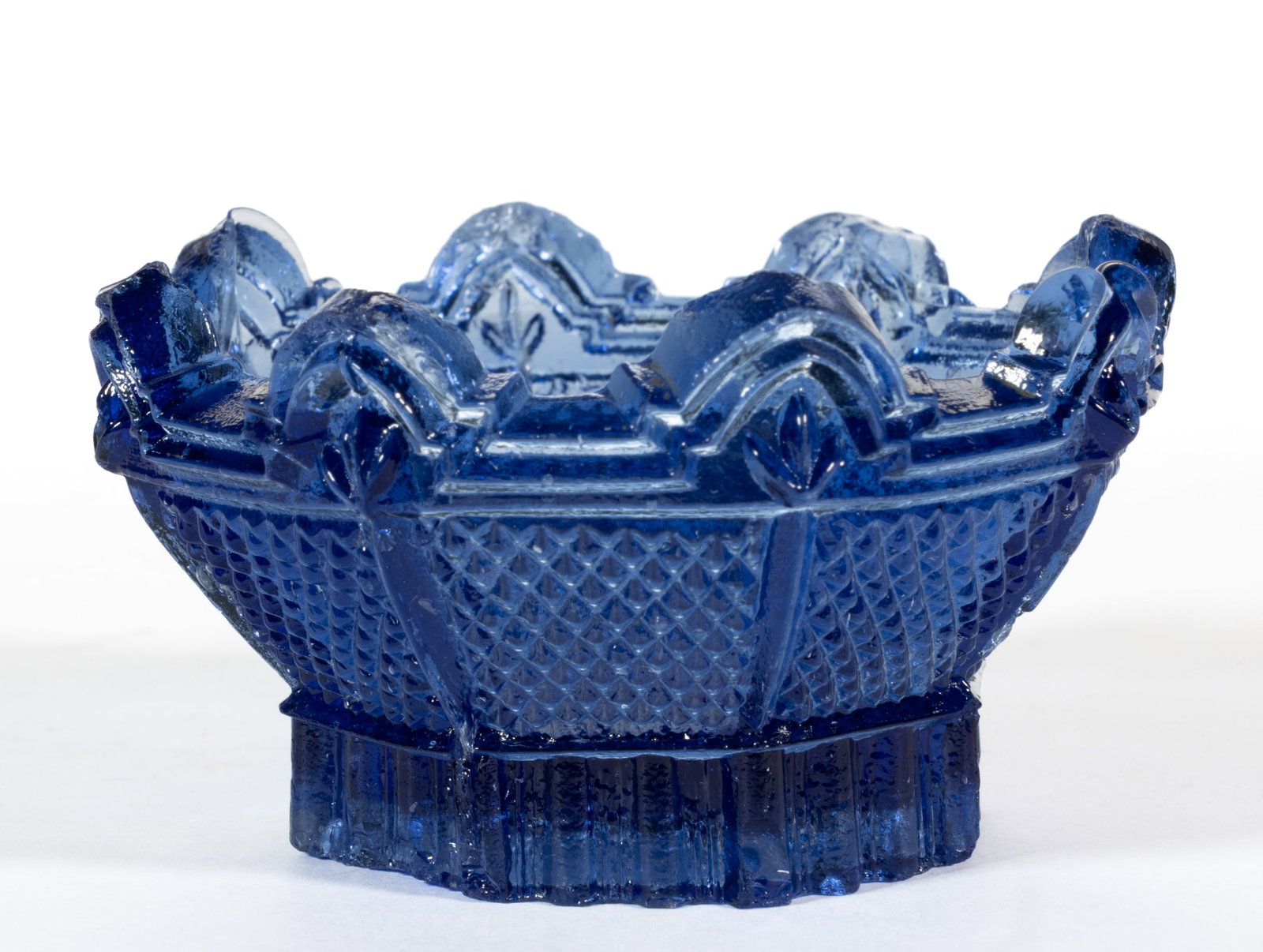 OR-6 OCTAGON ROUND PRESSED OPEN SALT: OR-6 OCTAGON ROUND PRESSED OPEN SALT, unlisted medium sapphire cobalt blue, stepped high-point rim. Probably extremely rare. Possibly Belgium. 1830-1850. 1 5/8" H, 3" D. Literature: Nea